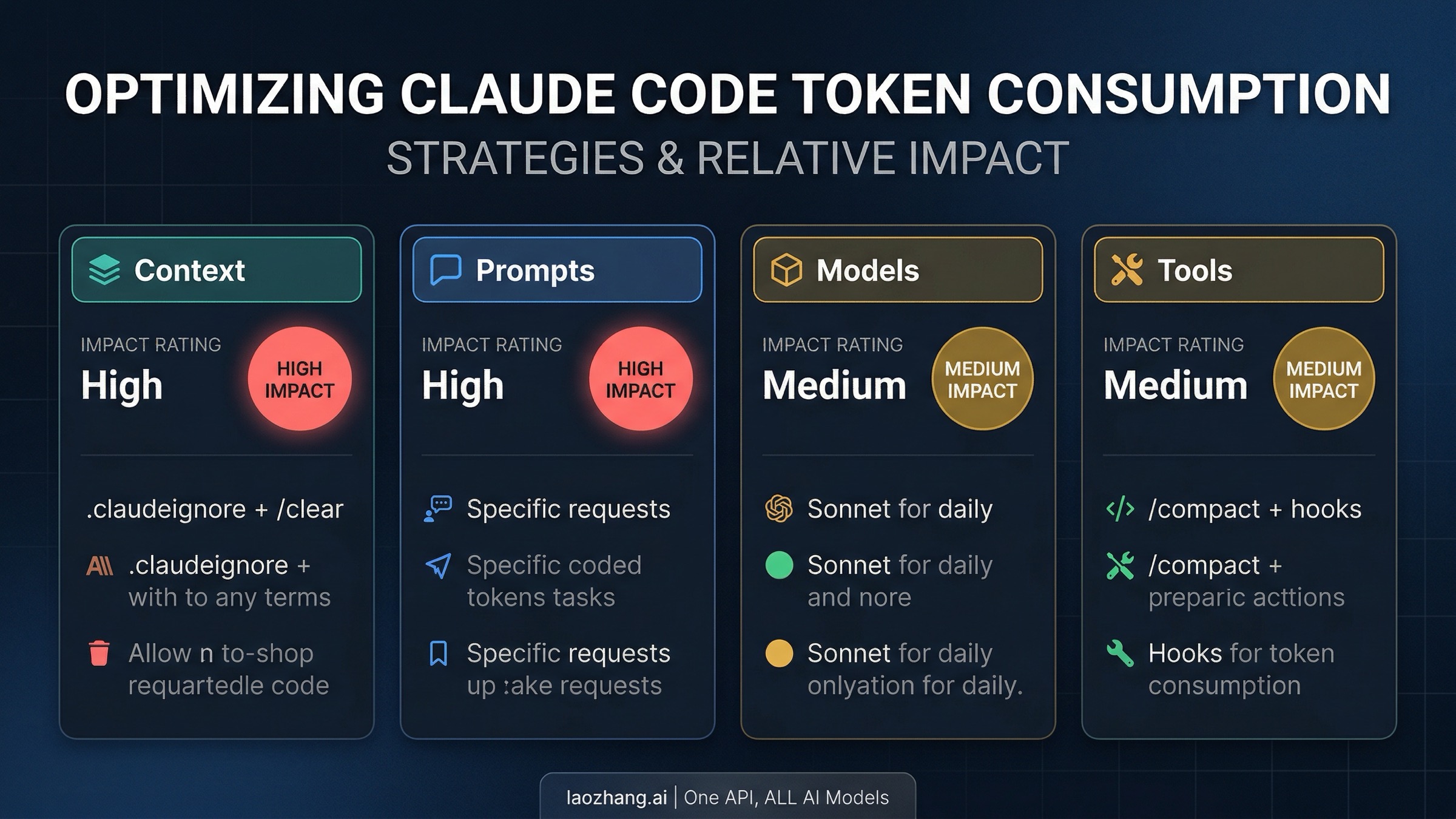 Four categories of Claude Code token optimization strategies with their relative impact ratings