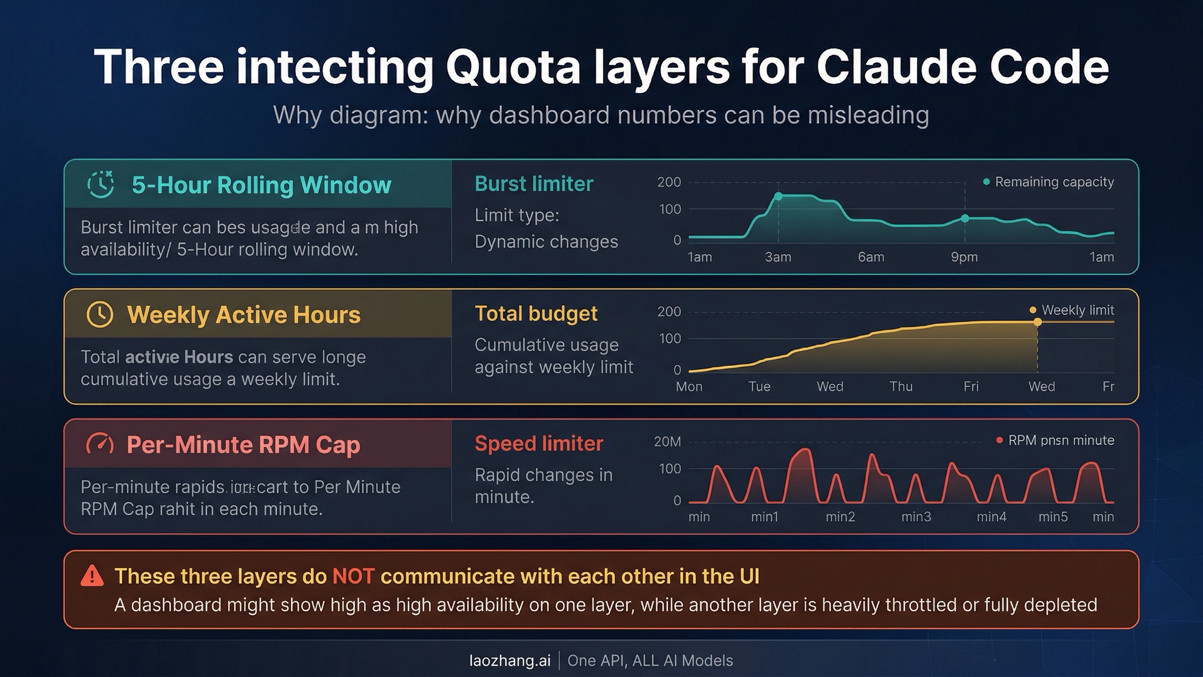 Diagram showing the three-layer quota architecture in Claude Code: 5-hour window, weekly hours, and RPM cap