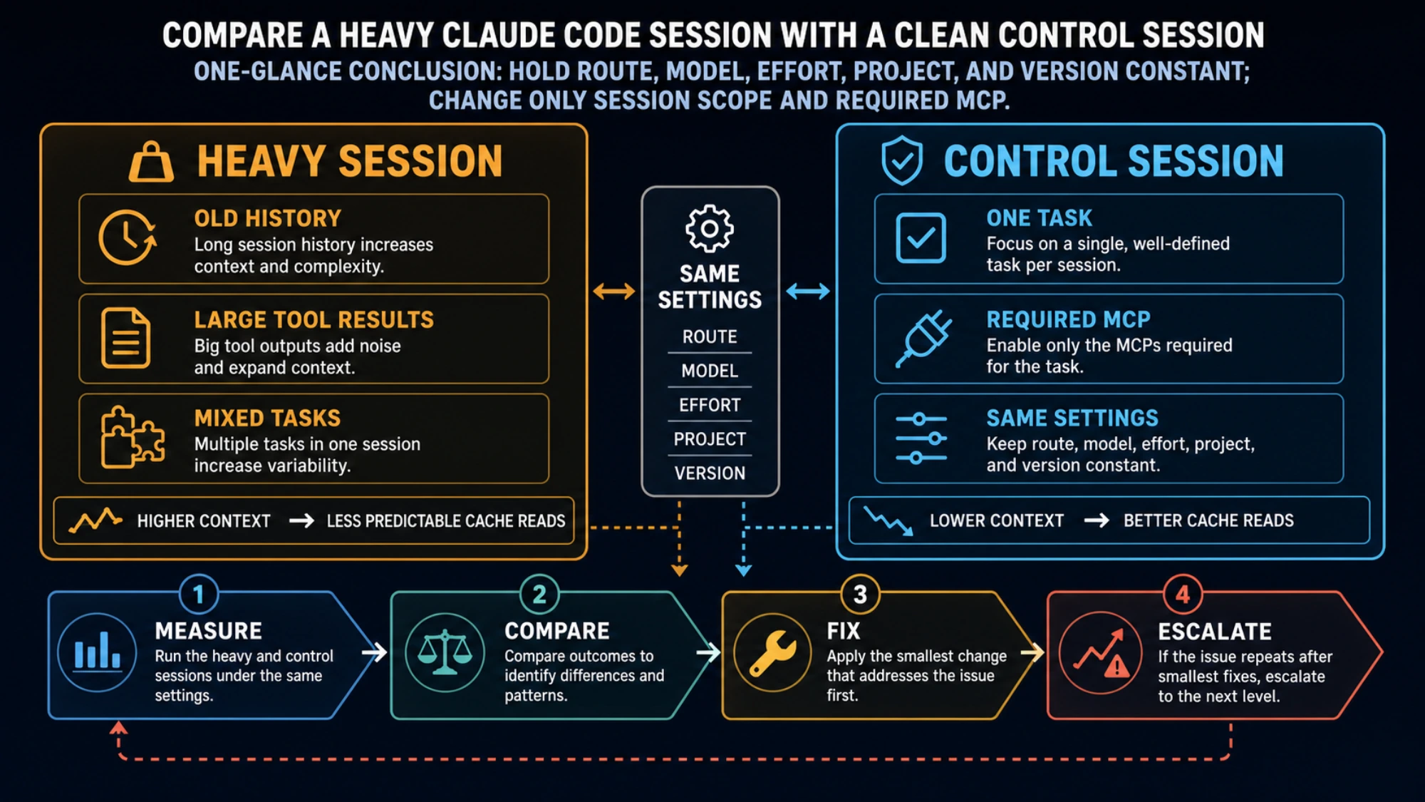 Comparison between a heavy Claude Code session and a clean control session