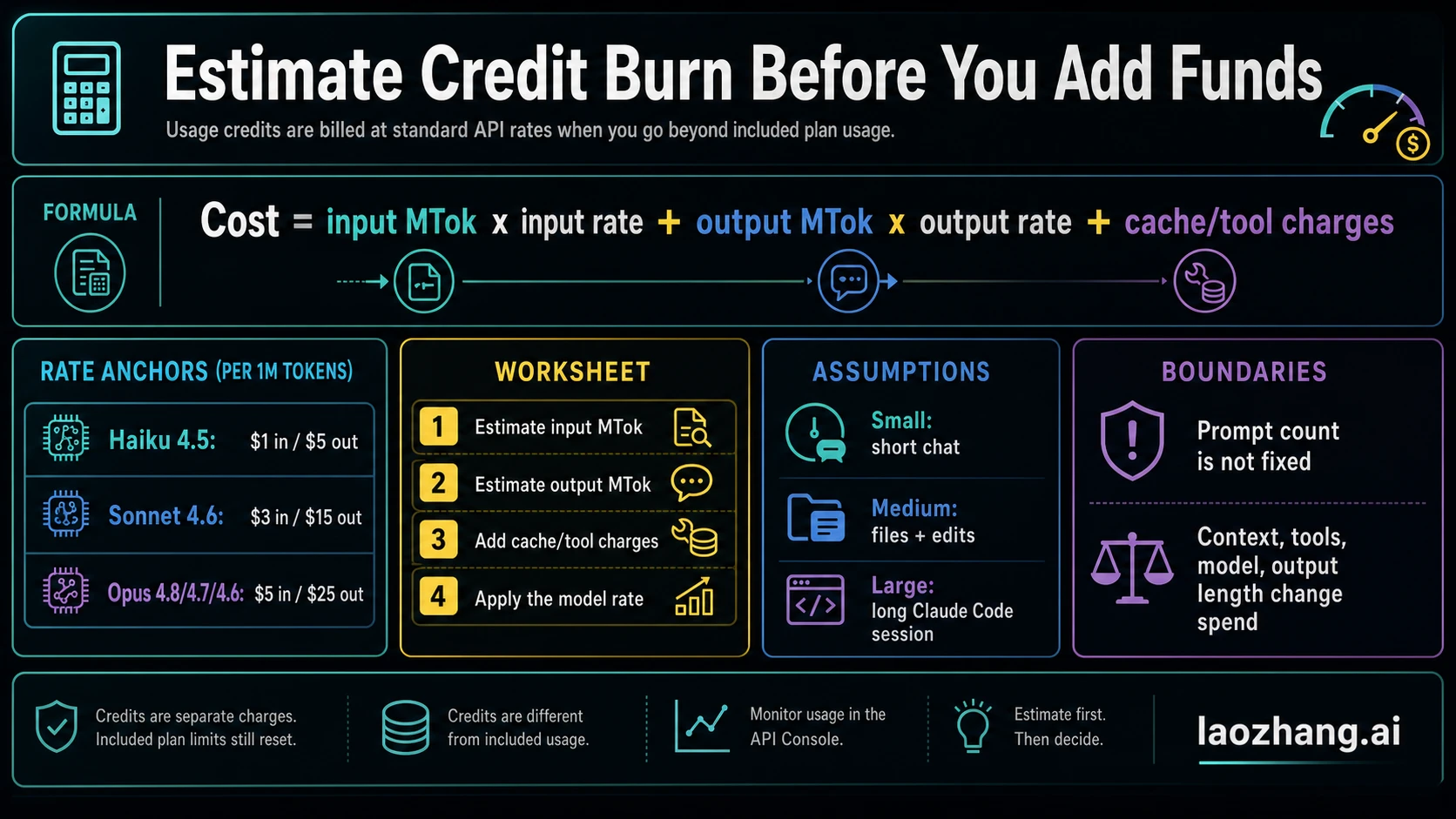 Claude usage credit burn calculator with current API rate anchors
