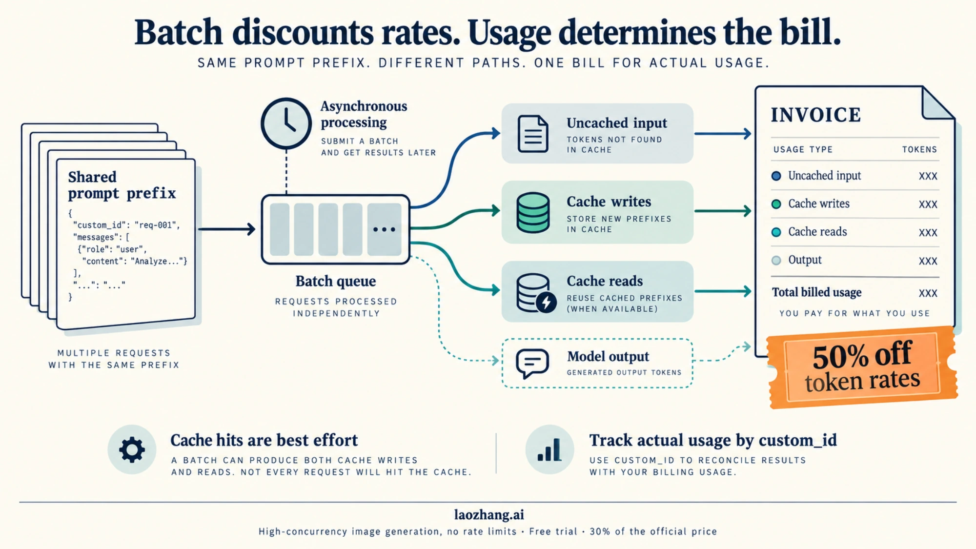 Batch requests flow into separate uncached-input, cache-write, and cache-read categories before the discounted token bill is calculated.