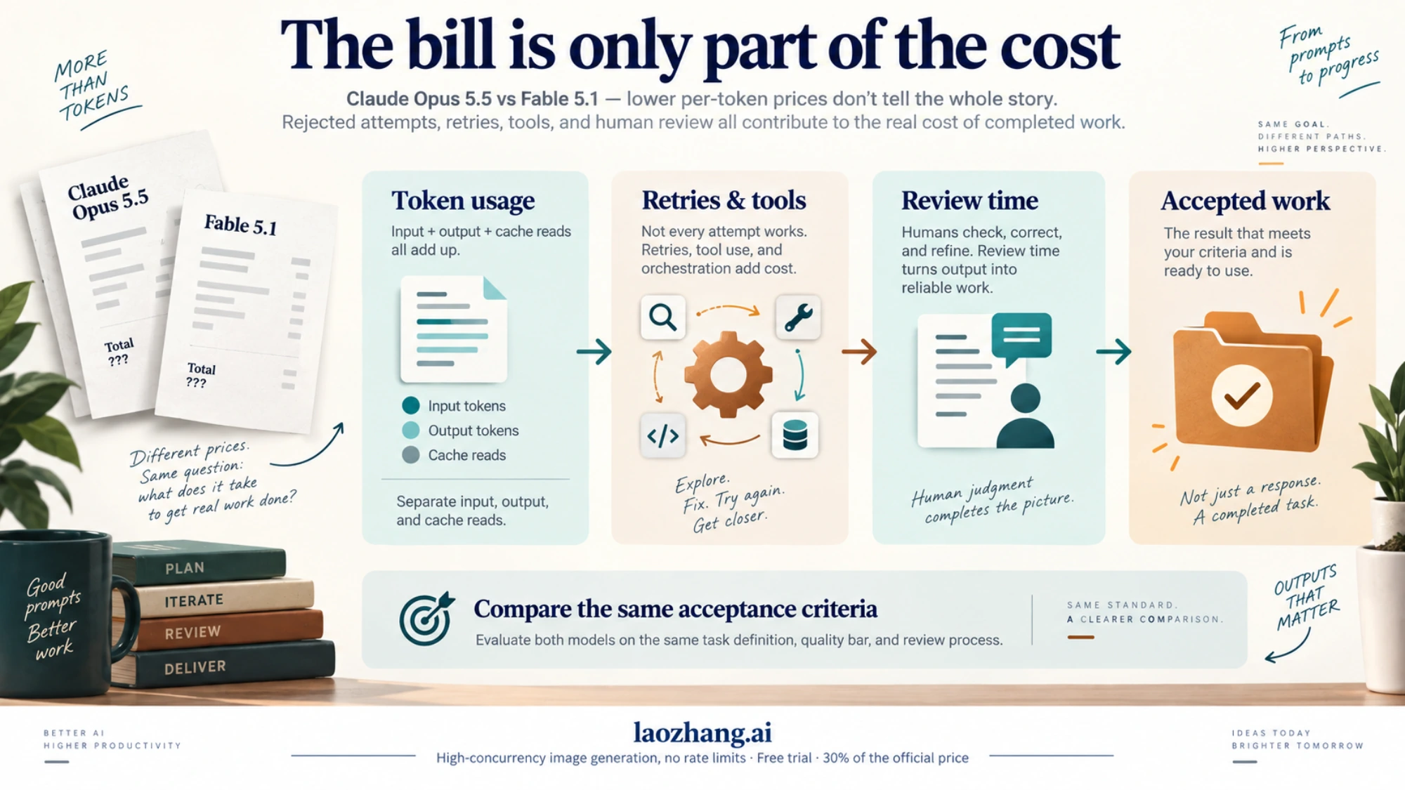 Token usage, retries, tools, and review time contribute to the cost of accepted work