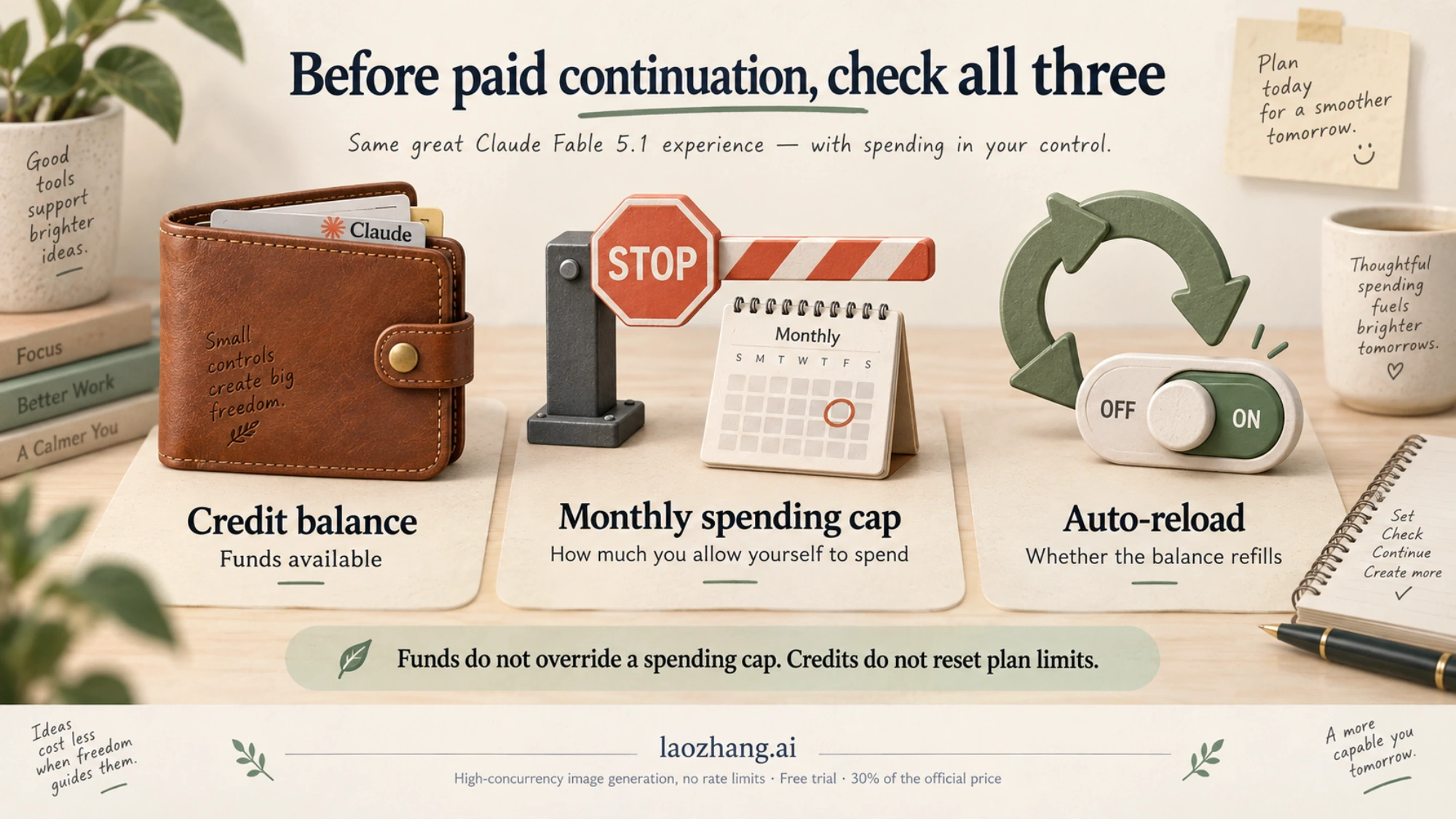 Credit balance, monthly spending cap, and auto-reload serve different roles in controlling paid usage
