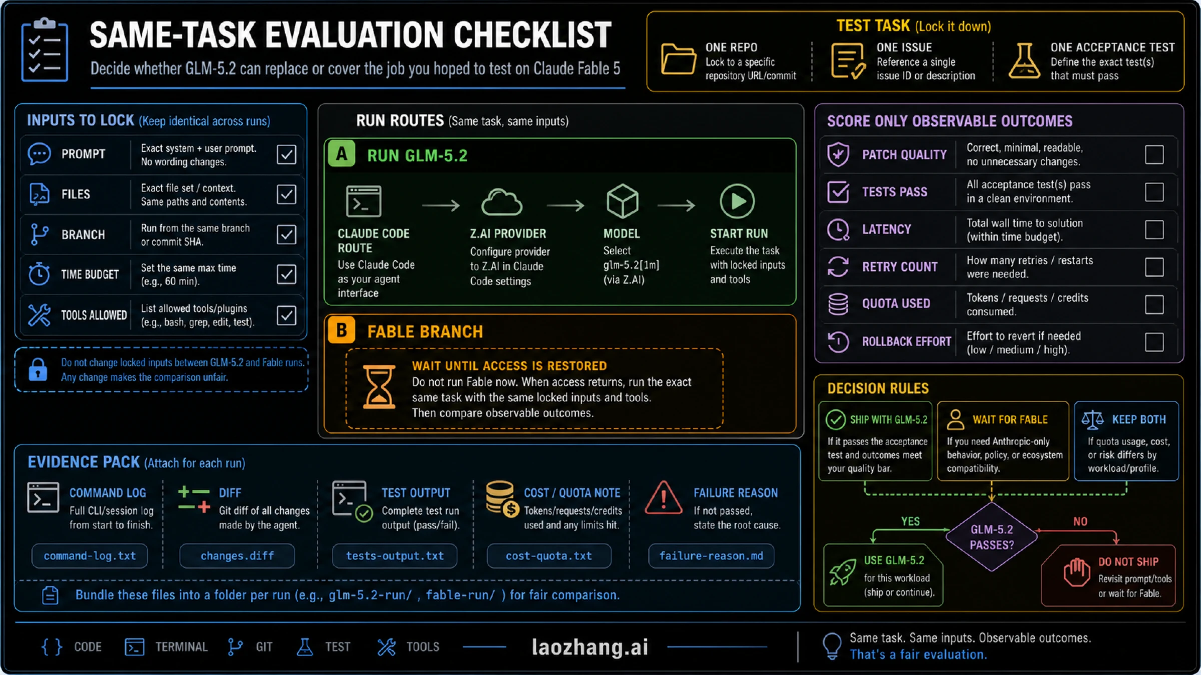 Same-task evaluation checklist for Claude Fable 5 and GLM-5.2 coding-agent work