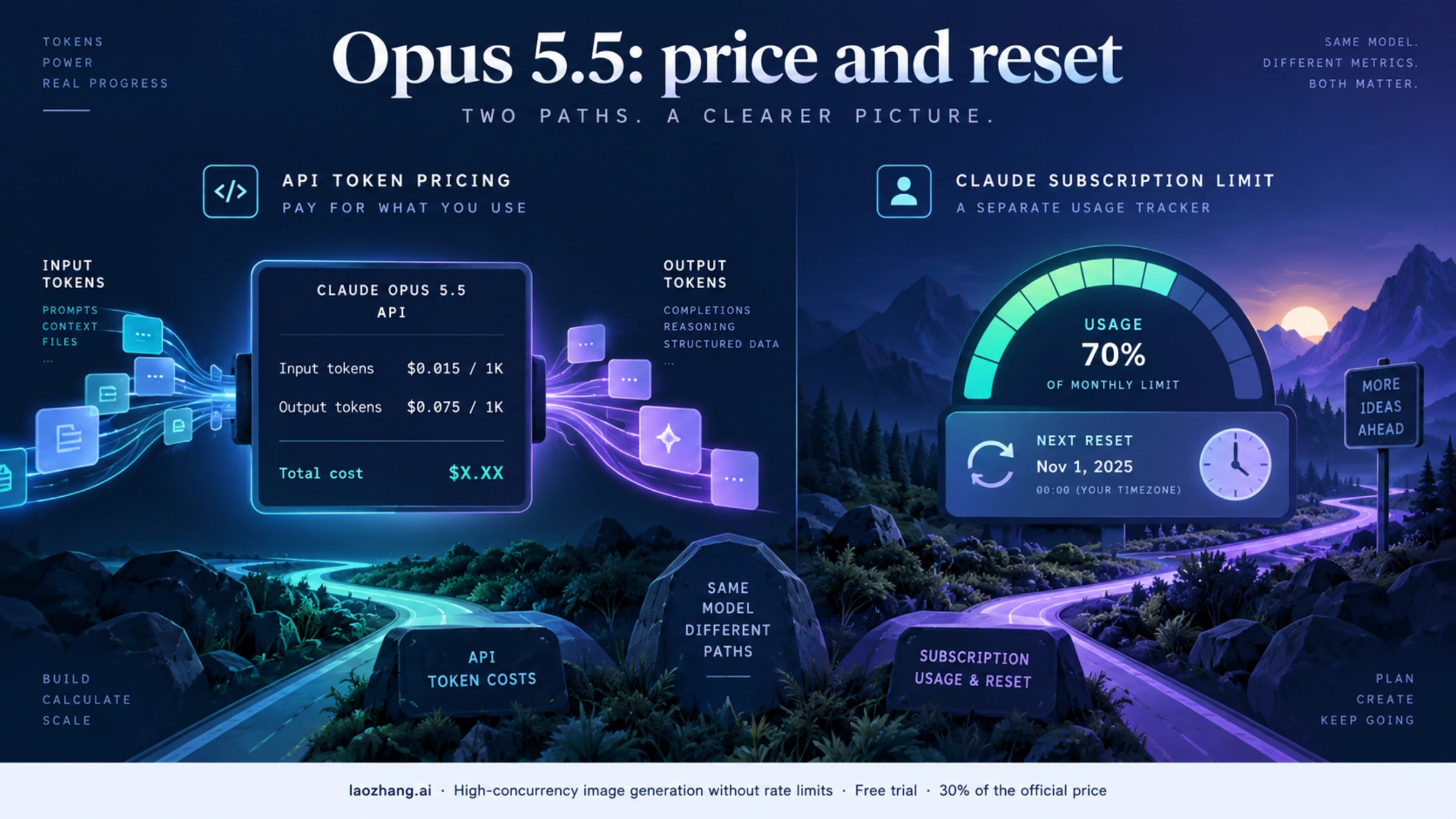 Two separate paths for estimating Opus 5.5 API cost and checking a Claude subscription limit reset