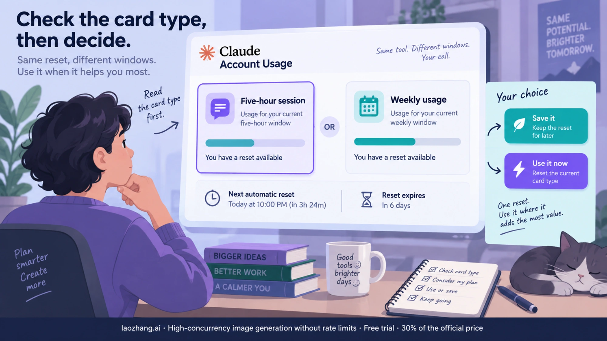 Conceptual illustration of choosing whether to save or use a reset after checking the five-hour or weekly card type