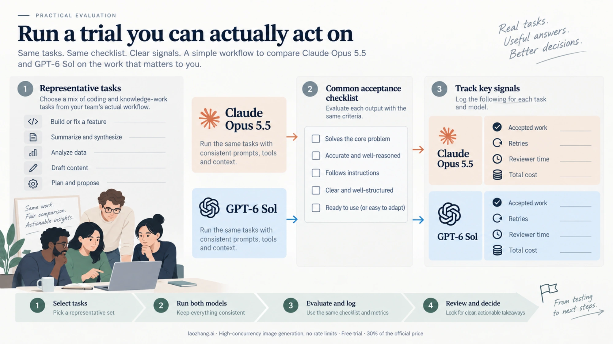 Proposed trial workflow: run representative tasks through the same acceptance checklist and log approval, retries, reviewer time and cost for each model.