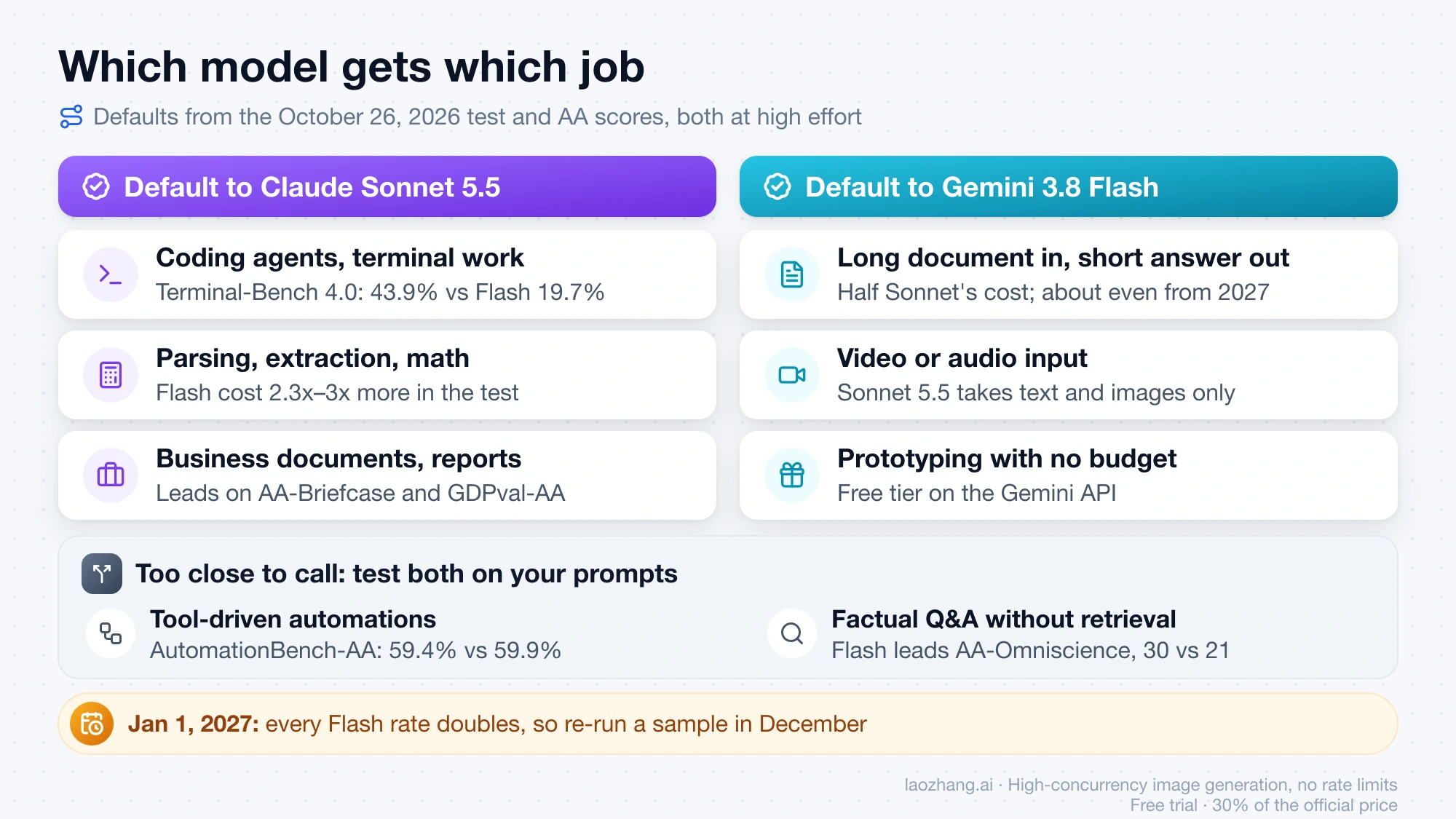 Job routing map: coding agents, parsing and business documents go to Claude Sonnet 5.5; long documents, video or audio and free prototyping go to Gemini 3.8 Flash; automations and factual Q&A need testing on both