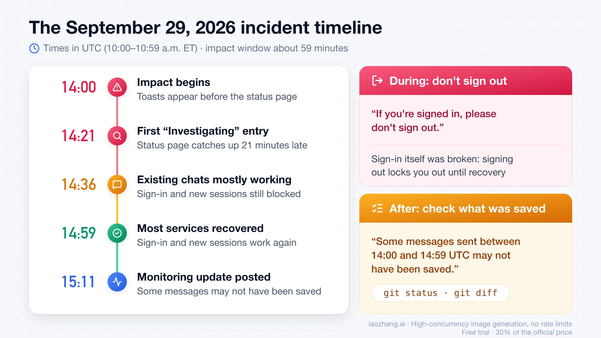 Timeline of the September 29, 2026 Claude incident in UTC from 14:00 to 15:11, with reminders not to sign out during it and to check which messages were saved afterwards
