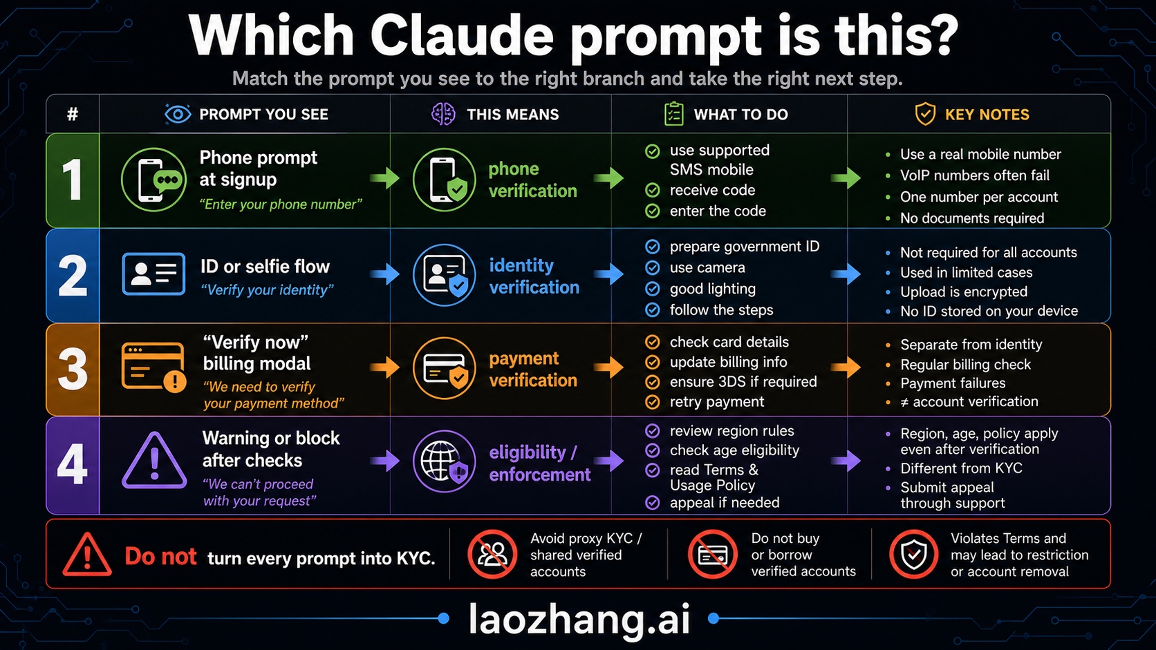 Branch map for Claude phone verification, identity verification, payment verification, and enforcement