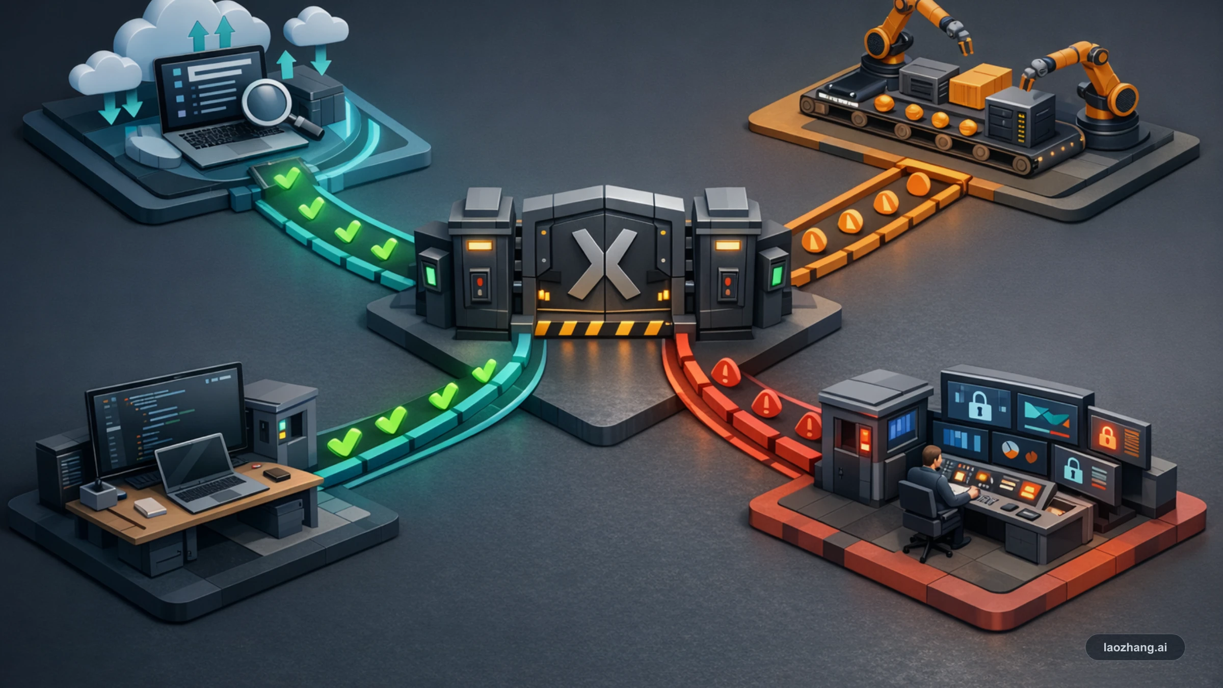 Codex feature boundary board showing cloud tasks, local CLI or IDE, CI automation, and admin policy