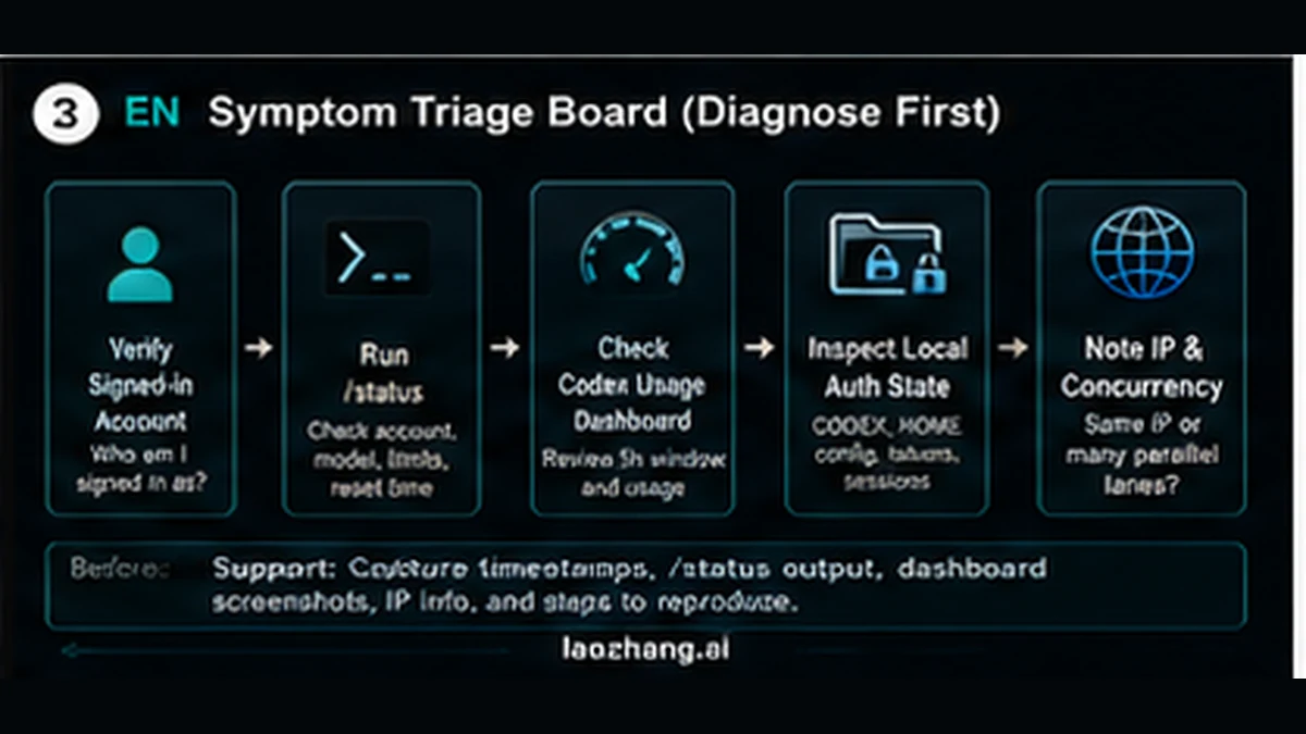 Codex same-PC symptom triage: account, status, dashboard, auth state, IP, and support evidence