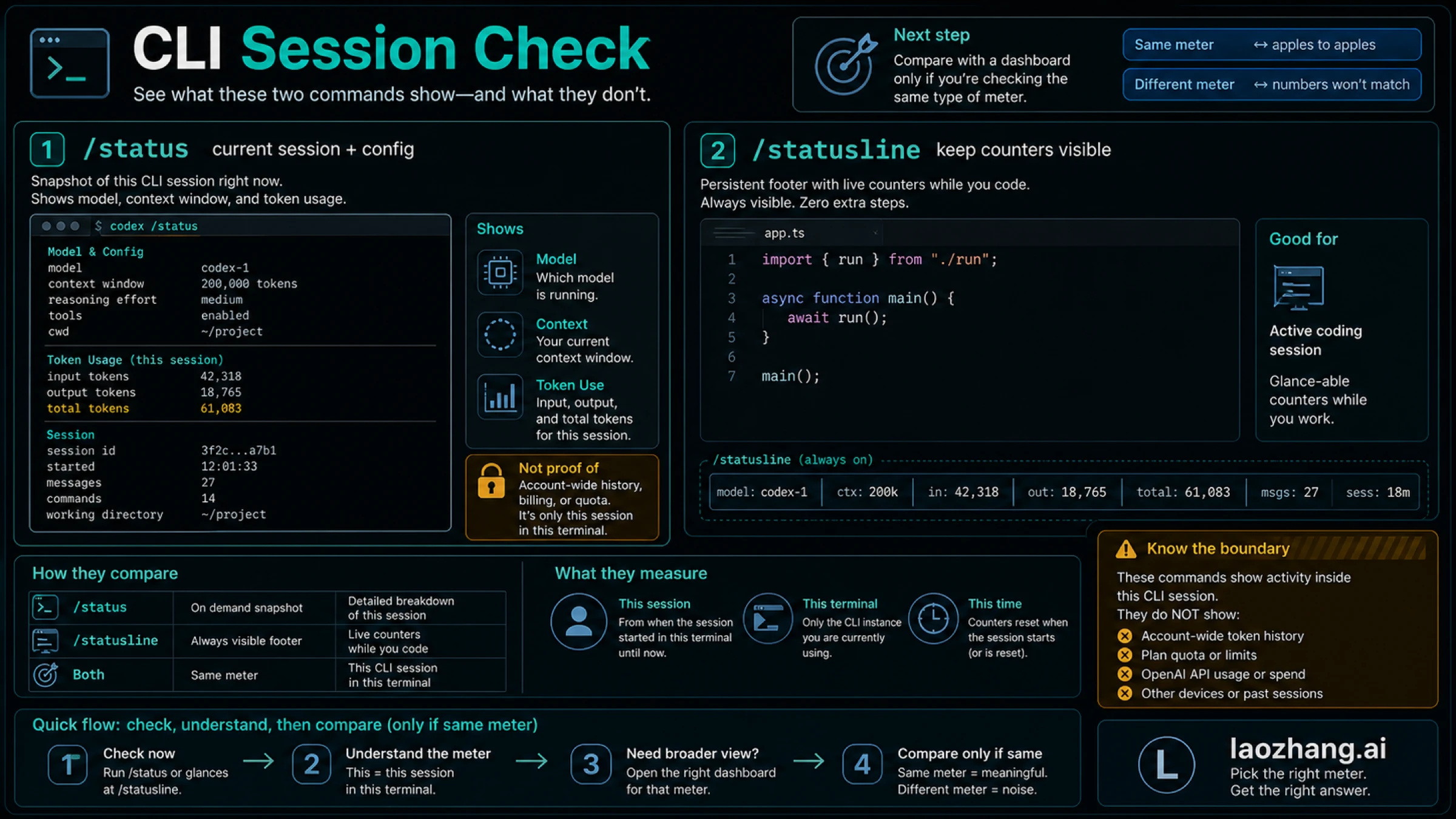 Command map showing that /status and /statusline are session and footer checks