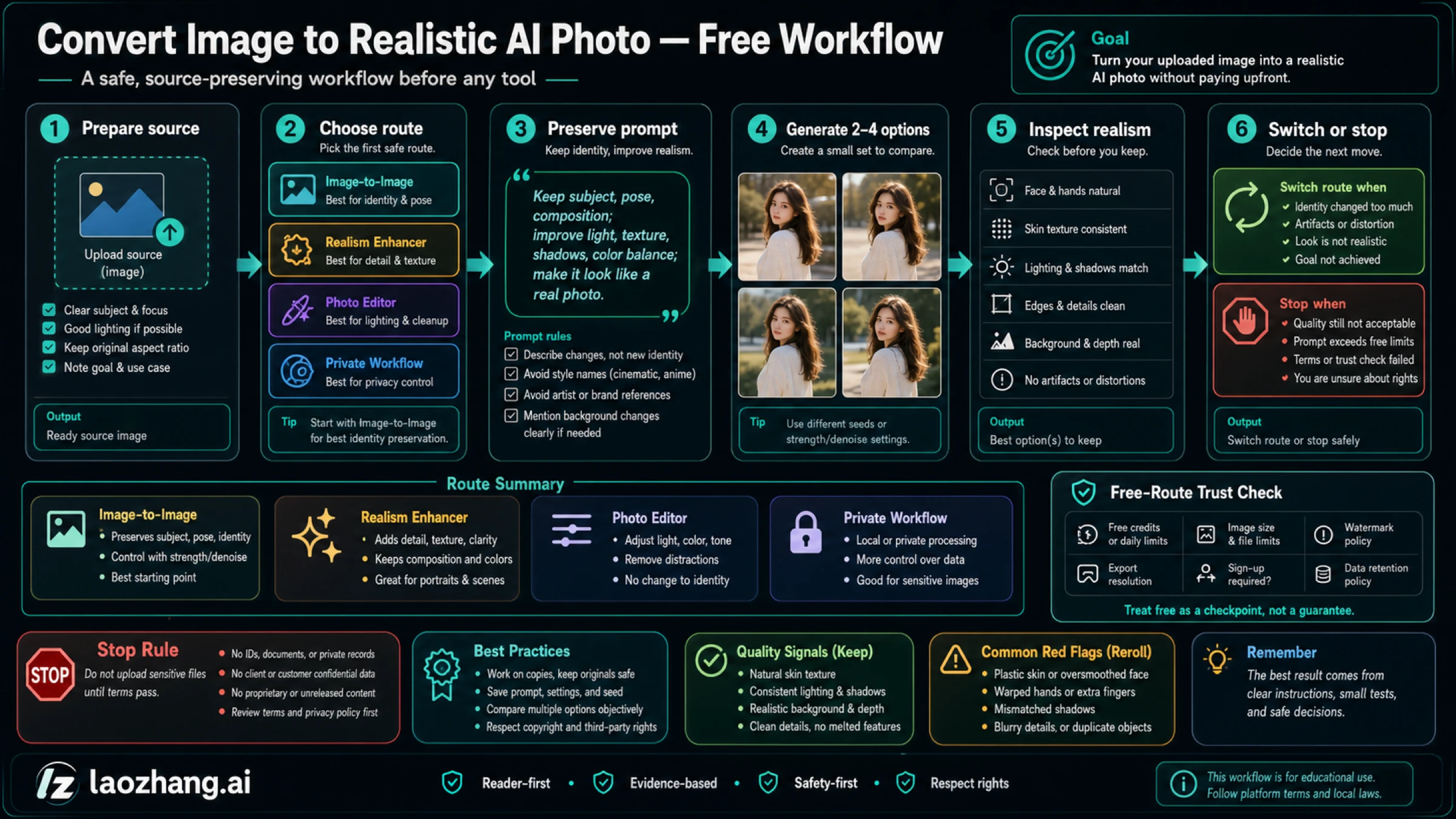 The safe workflow is source prep, route choice, preservation prompt, candidate generation, inspection, and switch/stop.