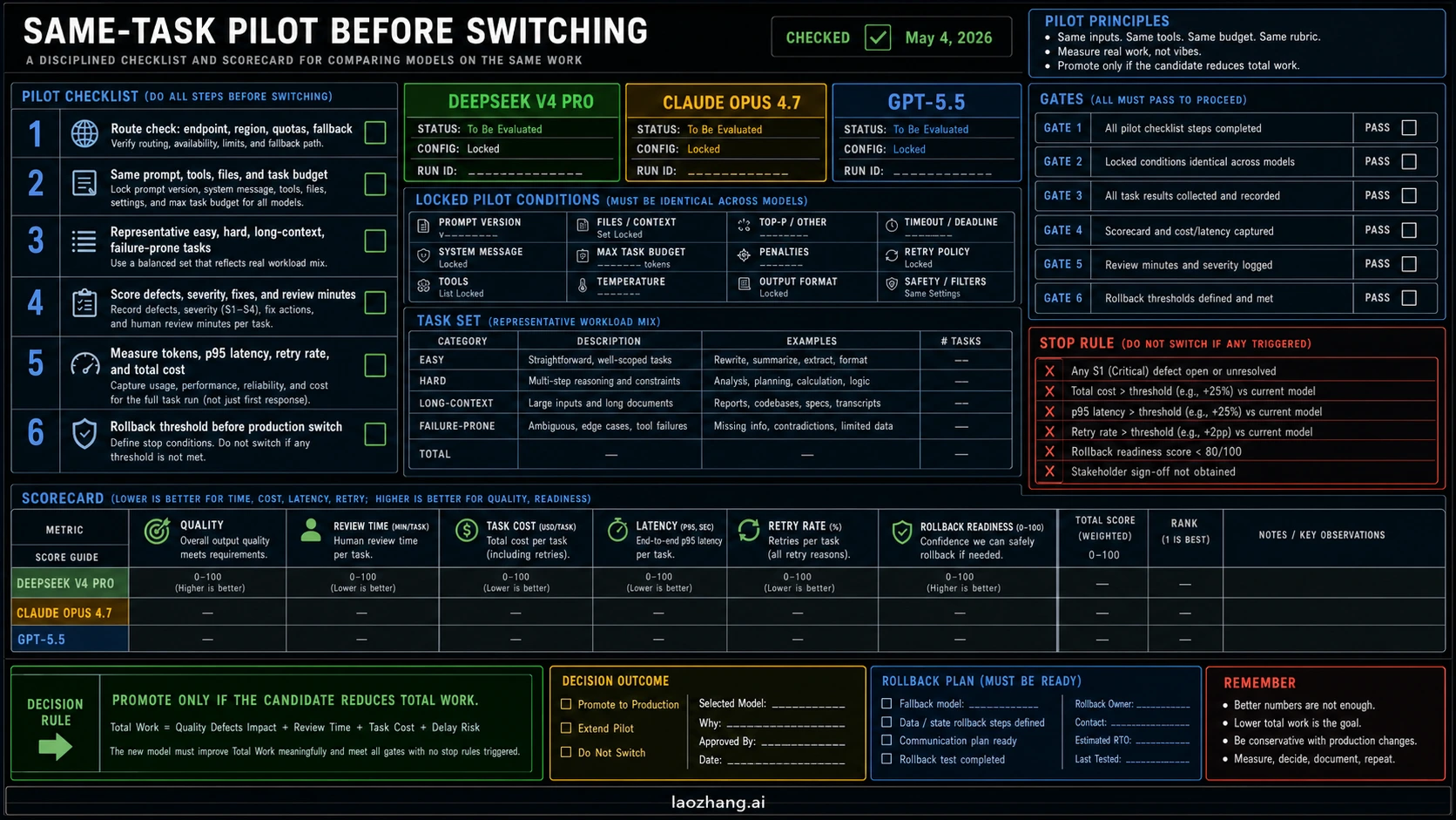 Codex-direct same-task pilot checklist for testing GPT-5.5, Claude Opus 4.7, and DeepSeek V4 Pro before production switching