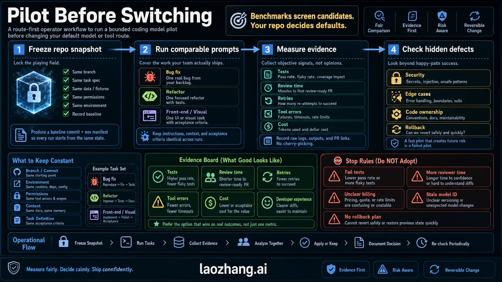 Pilot checklist and stop-rule board before switching a coding model default