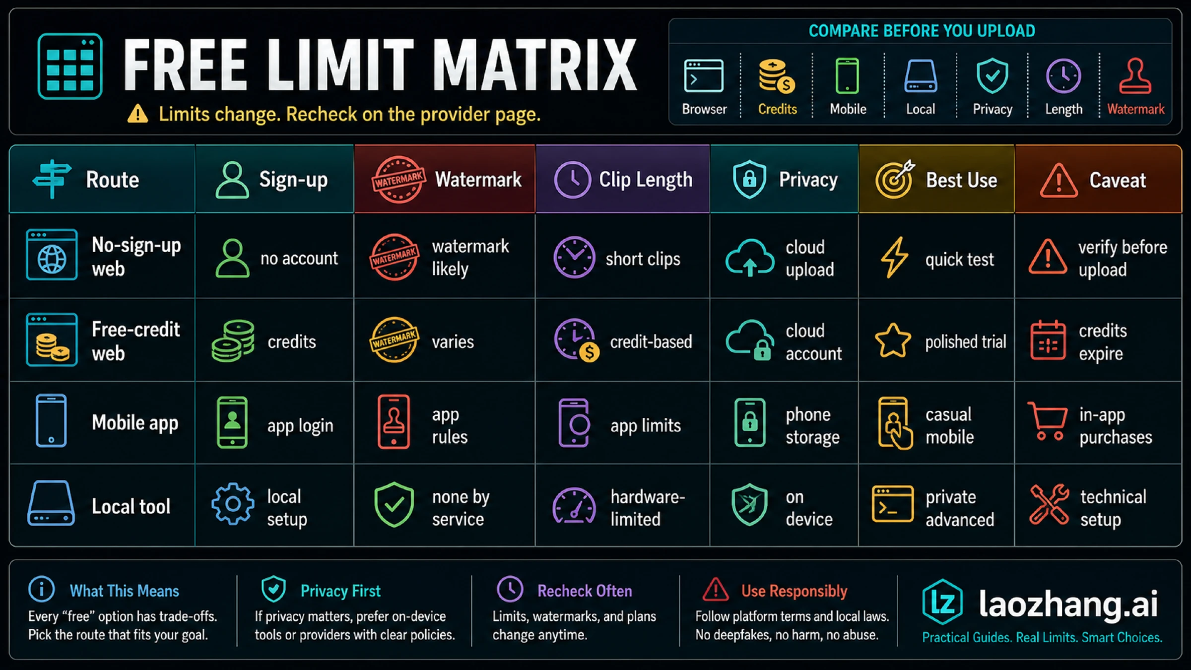 Free limit matrix comparing video face swap routes by sign-up, watermark, clip length, privacy, best use, and caveat