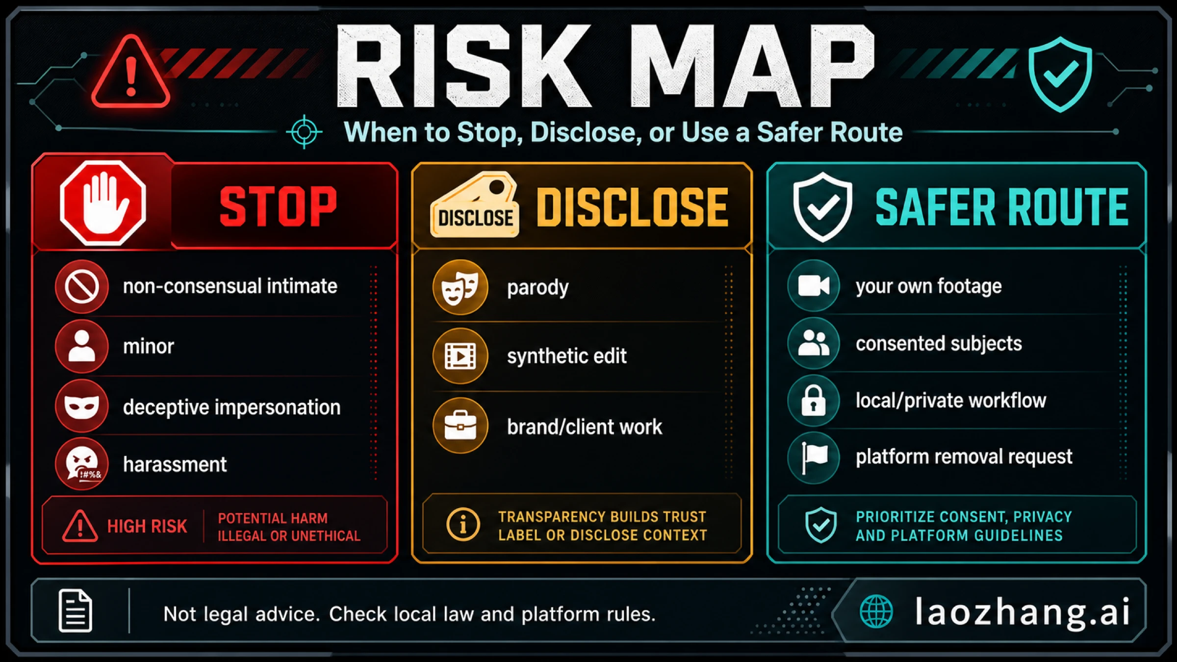 Risk map for video face swap tools showing stop, disclose, and safer route decisions