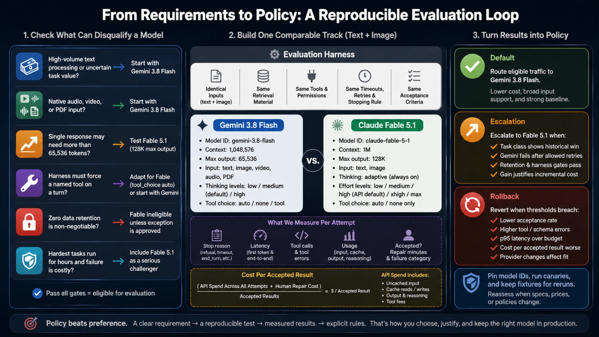 Decision controls for choosing a default model, escalating difficult work, and rolling back when guardrails fail