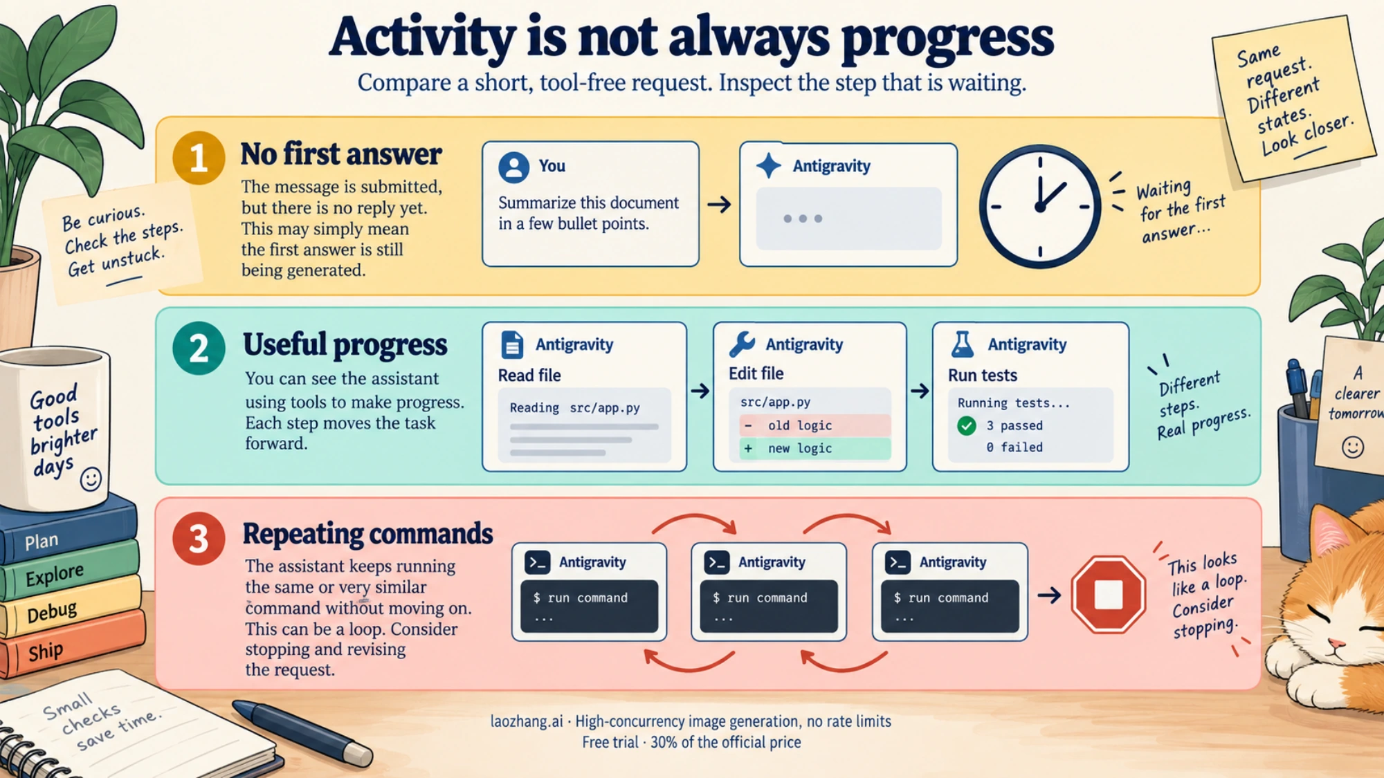 Illustrated comparison of waiting for a first answer, tools making useful progress, and repeated commands that should be reviewed
