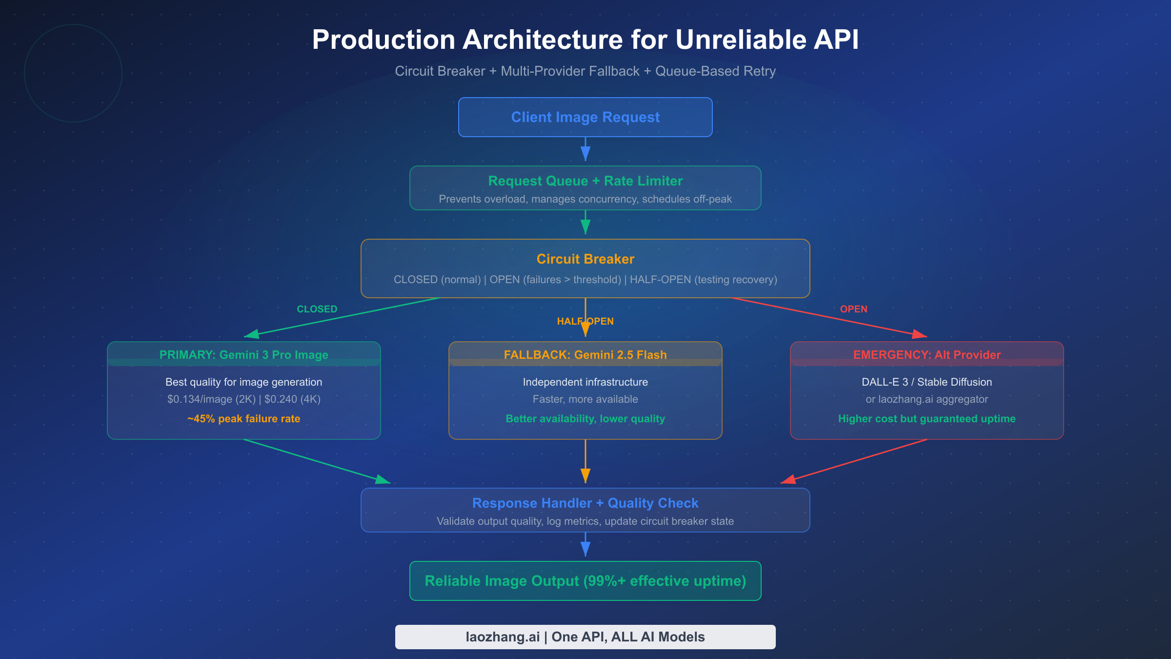Production architecture diagram with circuit breaker, multi-provider fallback, and queue-based retry pattern