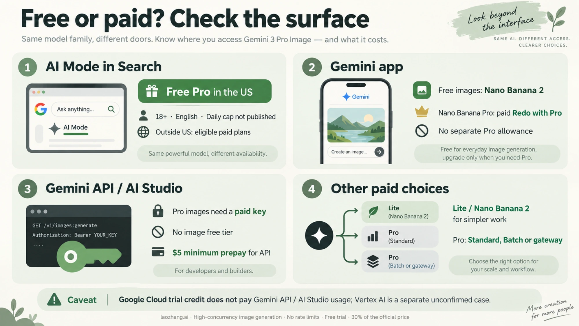 Free and paid image access by surface, including US English AI Mode Pro, free app Nano Banana 2 and paid Pro API