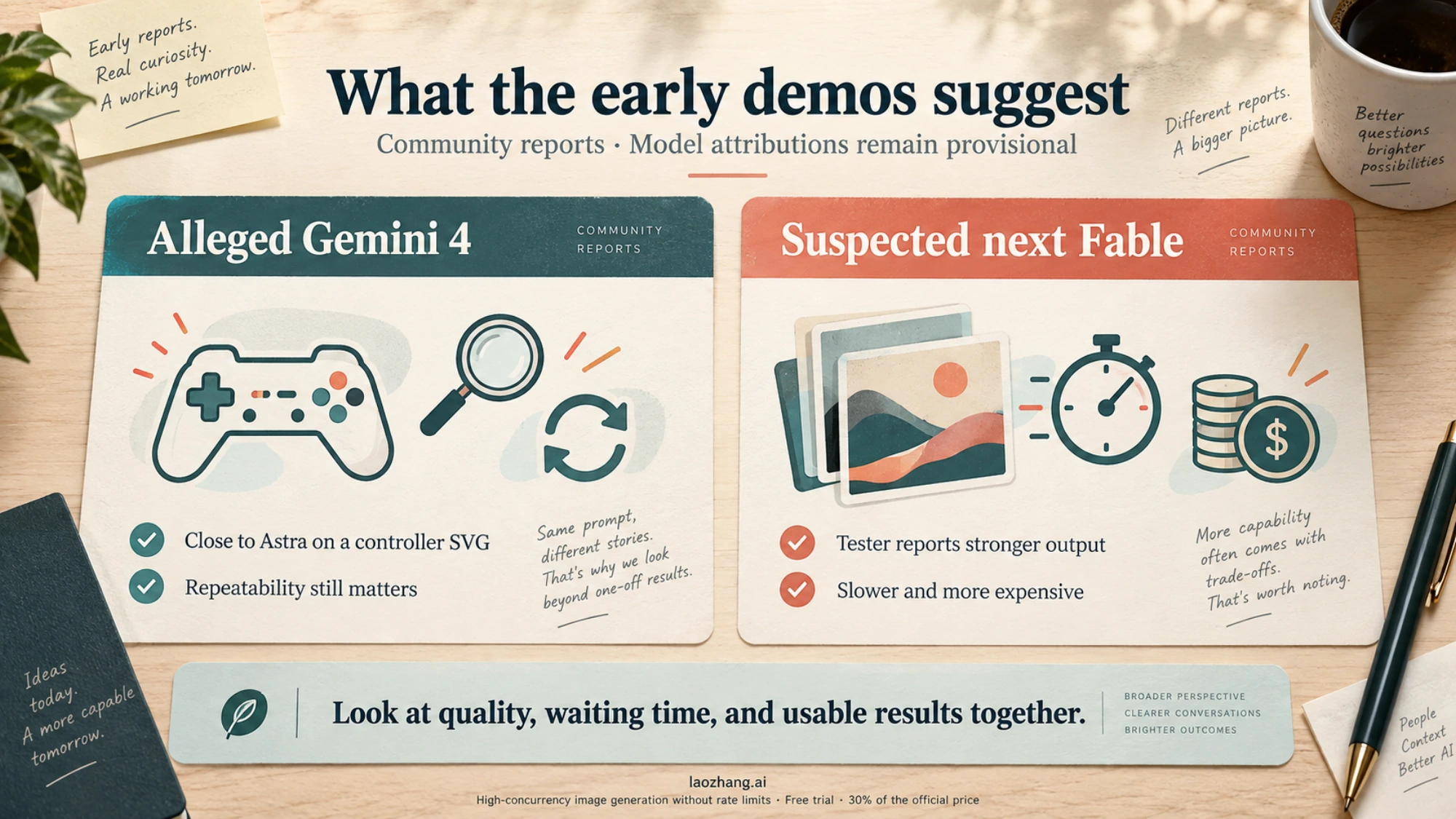 Editorial summary of early community reports: alleged Gemini controller detail and repeatability, and suspected Fable quality versus waiting time and cost