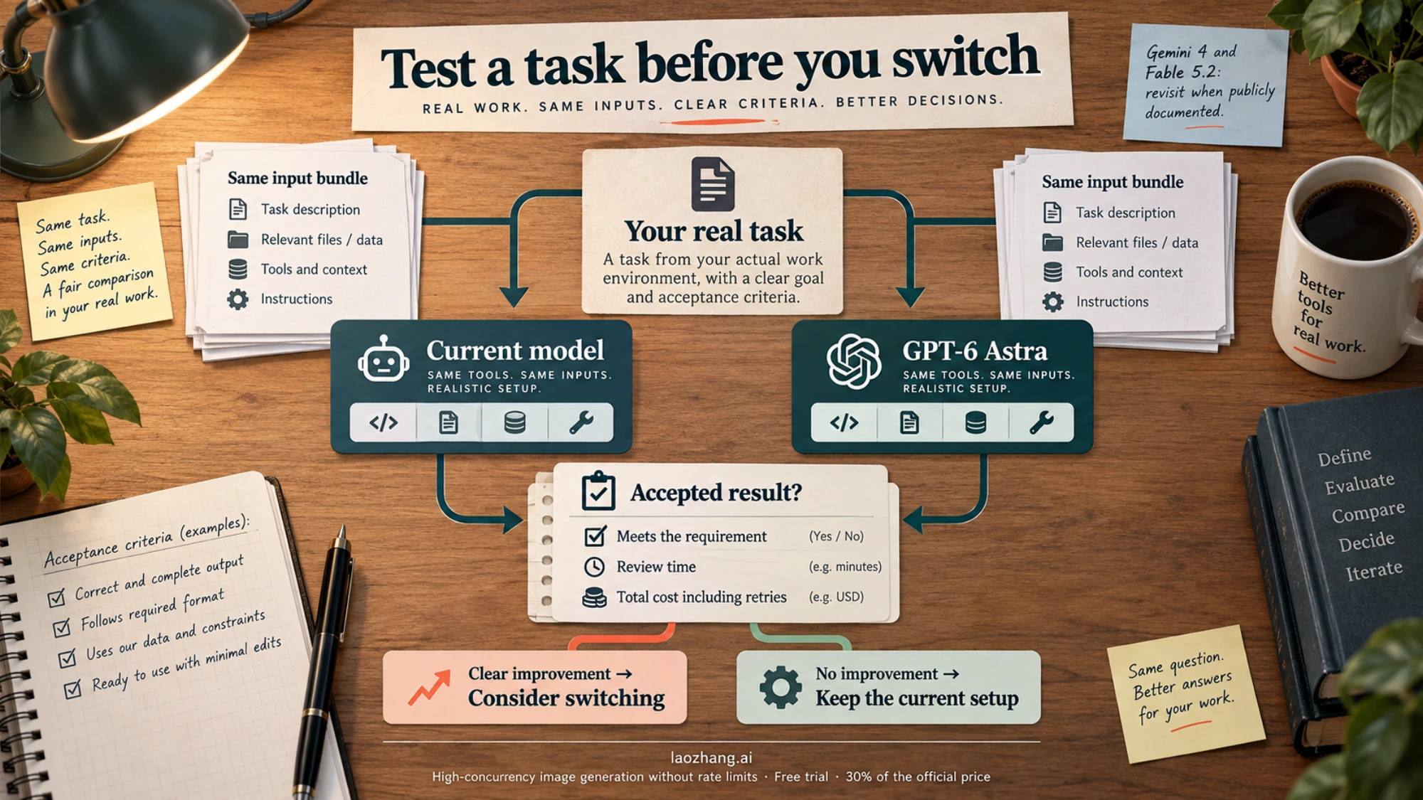 A practical evaluation compares the current model with Astra on the same task, then checks accepted results, review time, and total cost