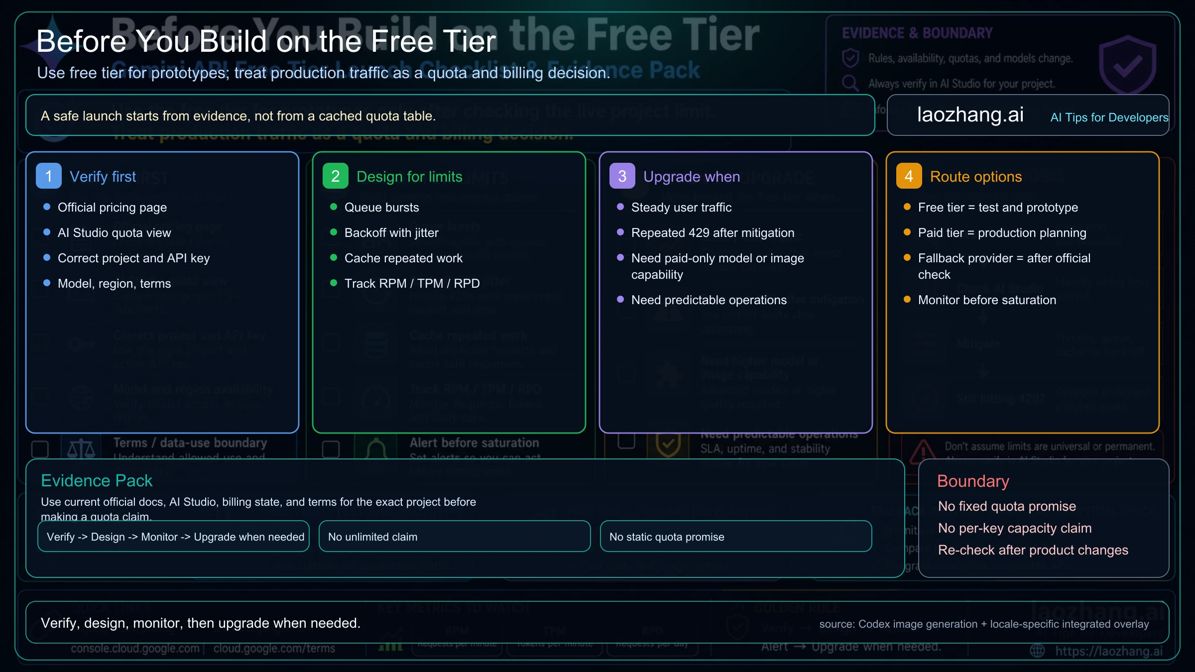 Gemini API free-tier launch checklist covering official pricing, AI Studio quota, project keys, terms, request shaping, and upgrade triggers