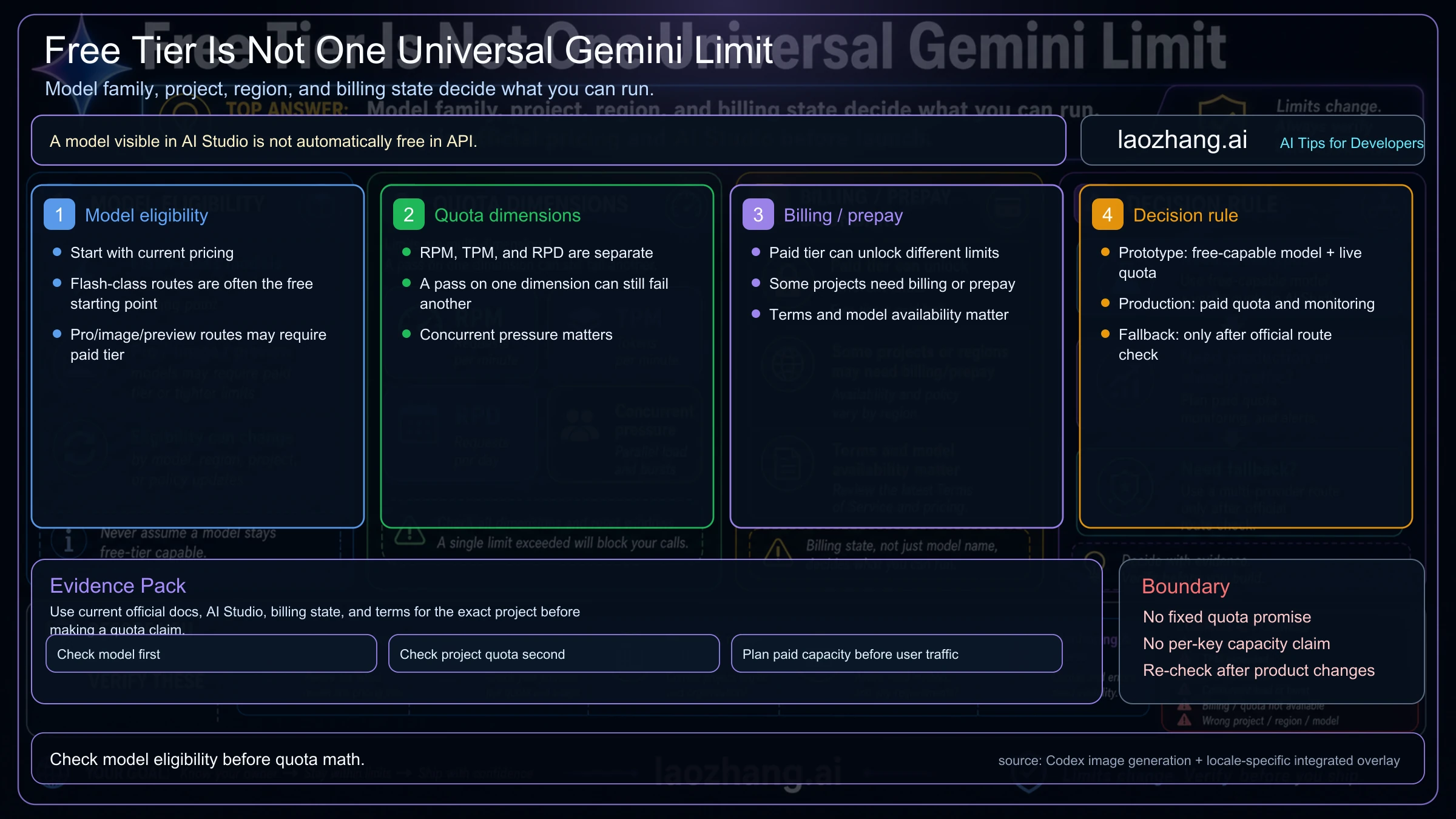 Decision map separating Gemini API model eligibility, quota dimensions, billing/prepay state, and route choices
