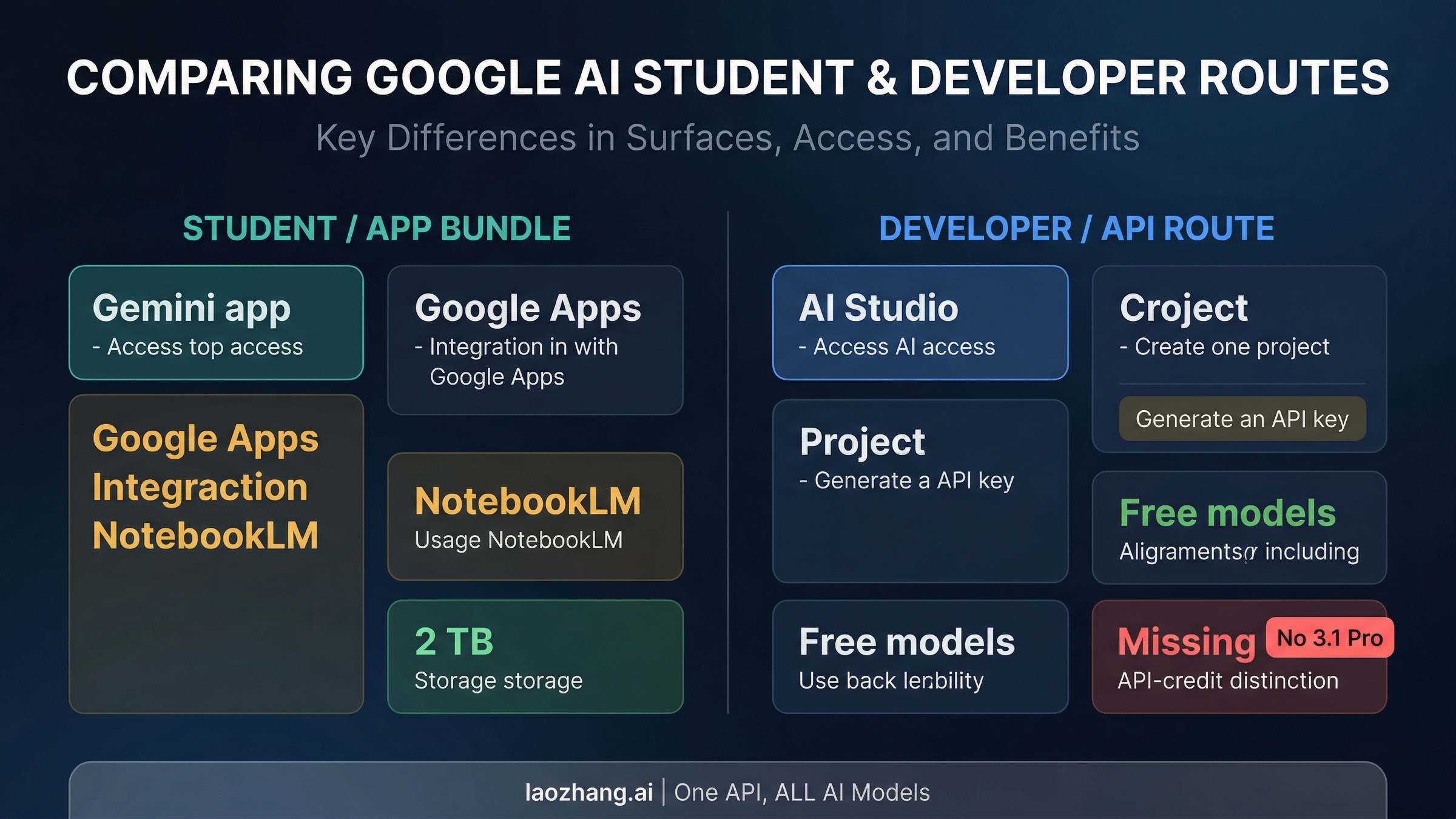 Comparison board showing Google AI Pro student benefits versus the Gemini API access path