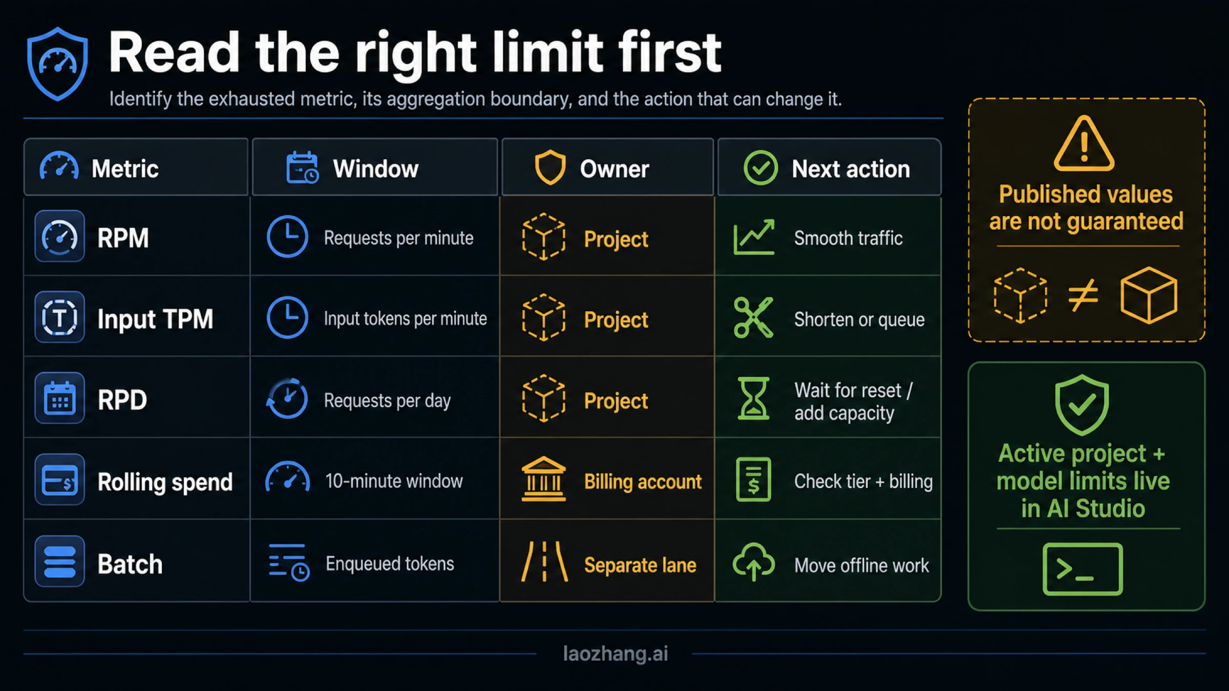 Gemini limit owner matrix for RPM, input TPM, RPD, spend tier, and Batch pressure