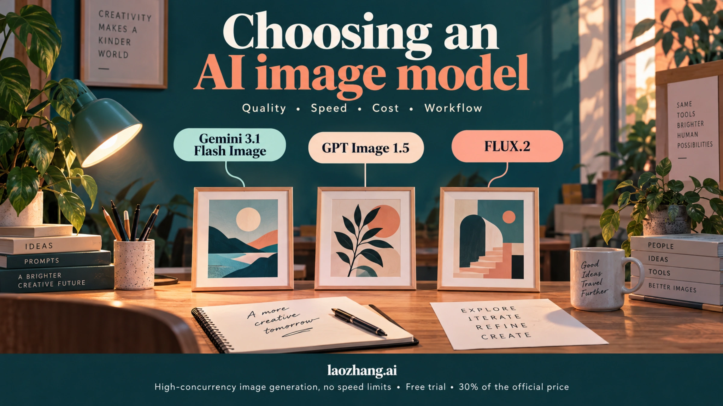 Conceptual comparison of Gemini, GPT Image and FLUX across quality, speed, cost and workflow
