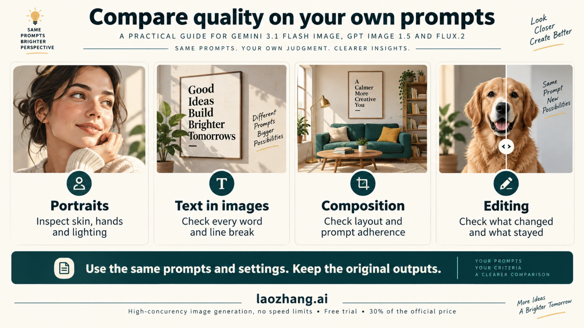 Illustrative quality checks for portraits, text, composition and editing; these are not model test outputs