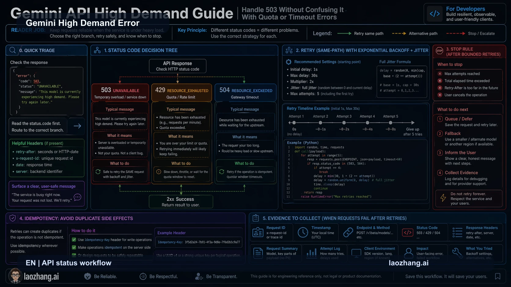 Gemini API status workflow for 503, 429, and 504