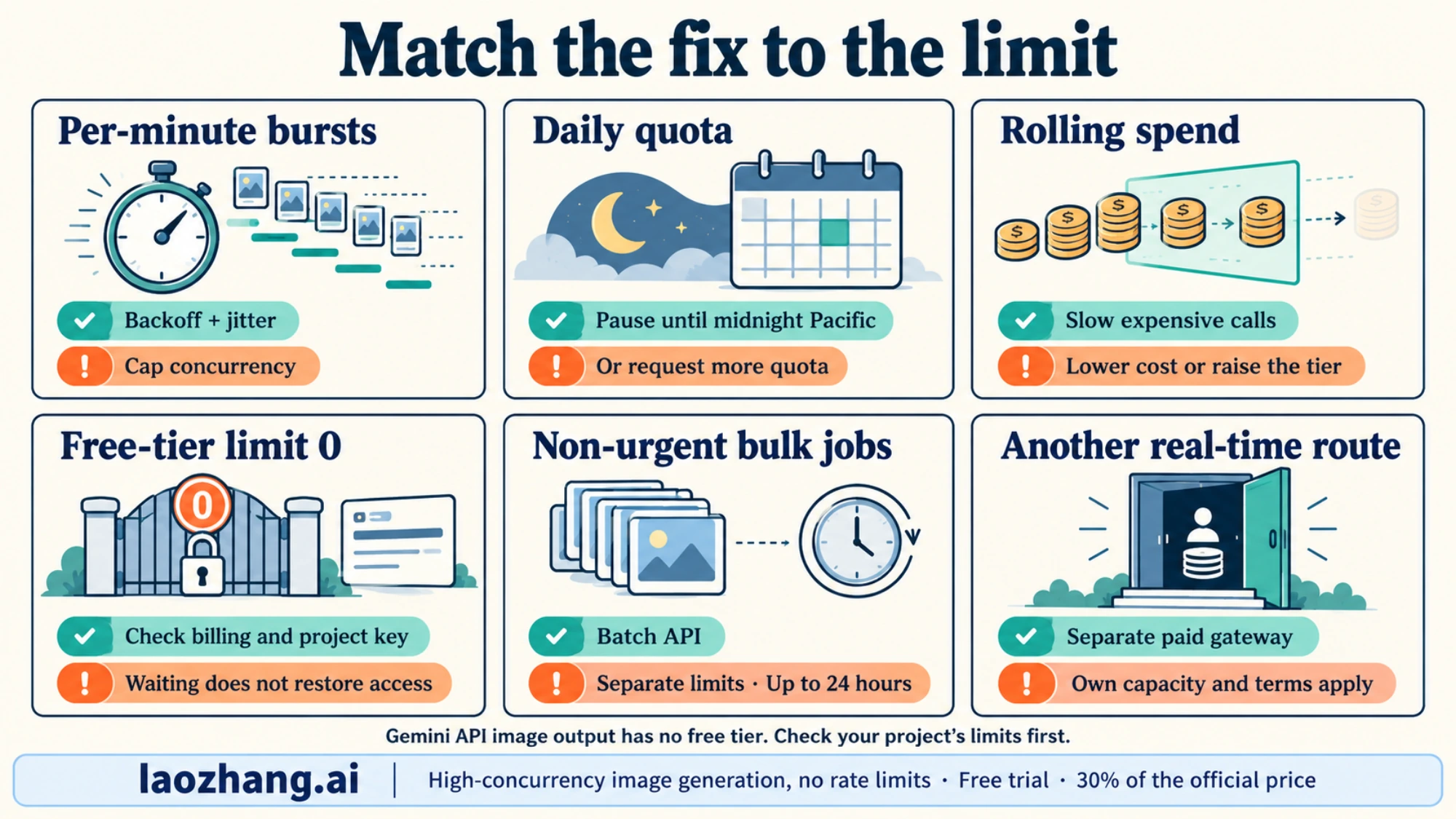 Matching 429 fixes to per-minute bursts, daily resets, rolling spend, Batch and a separate paid gateway