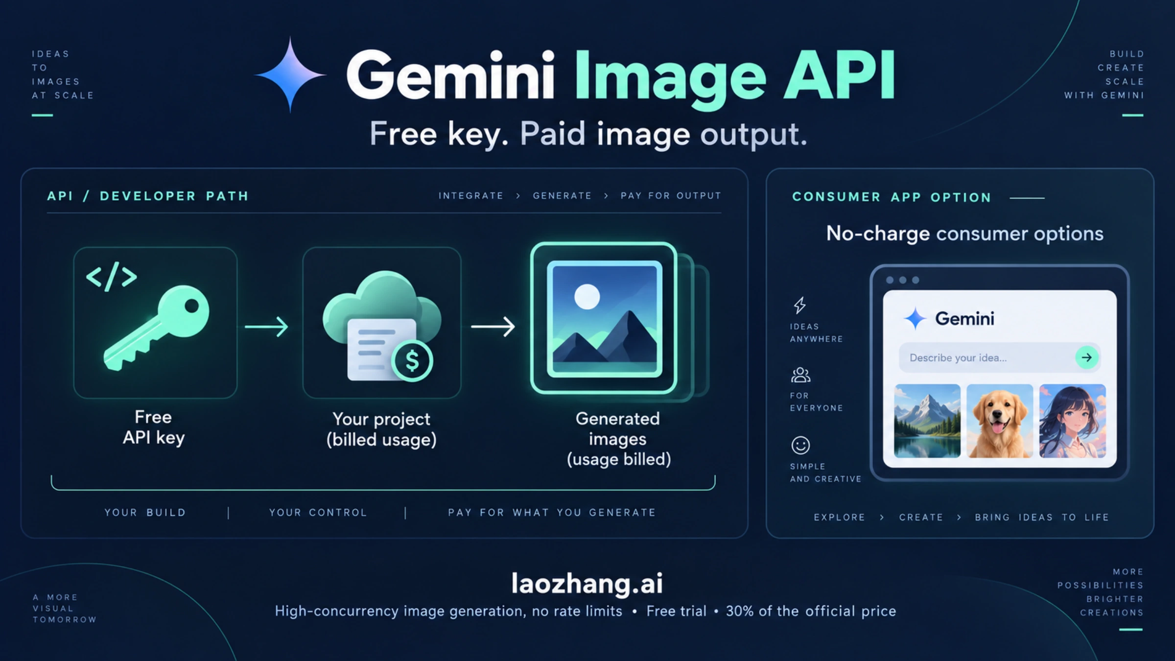 Illustration distinguishing a free Gemini API key from paid image output and consumer image options