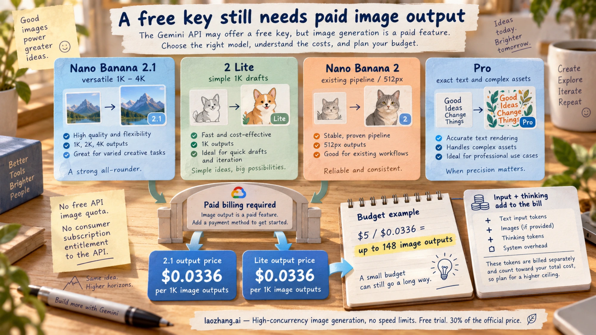 Conceptual paid Gemini image choices showing 2.1 and Lite sharing the 1K output price, with a prepaid budget ceiling and additional token costs