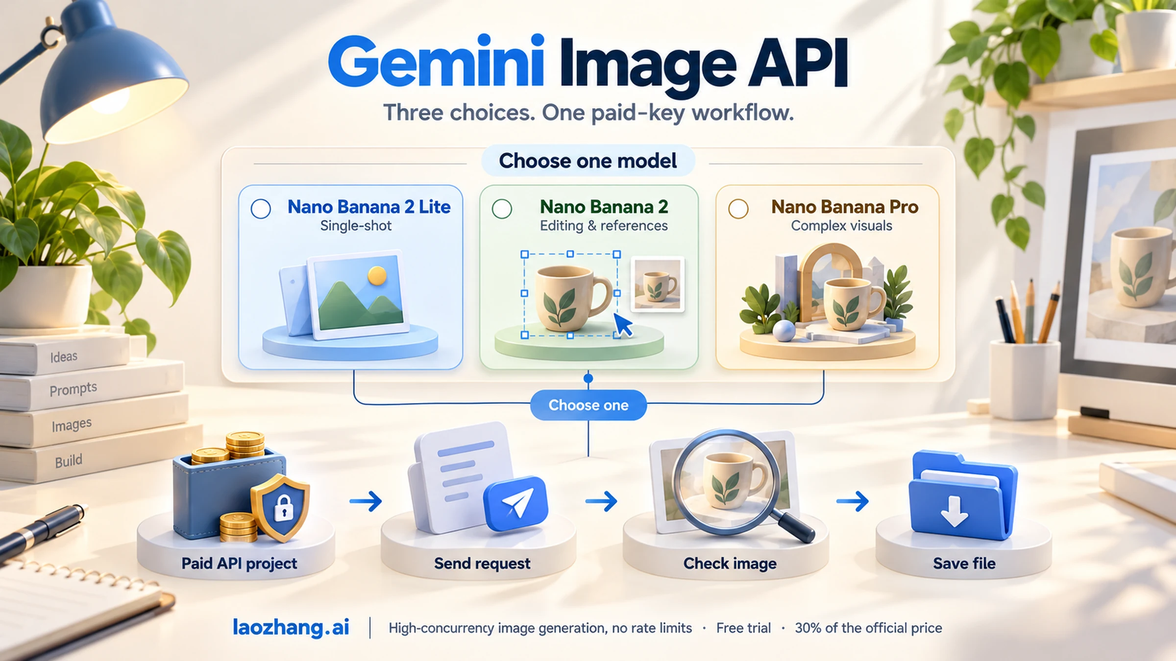 Conceptual Gemini image API cover showing the three current Nano Banana models and a paid-key image workflow