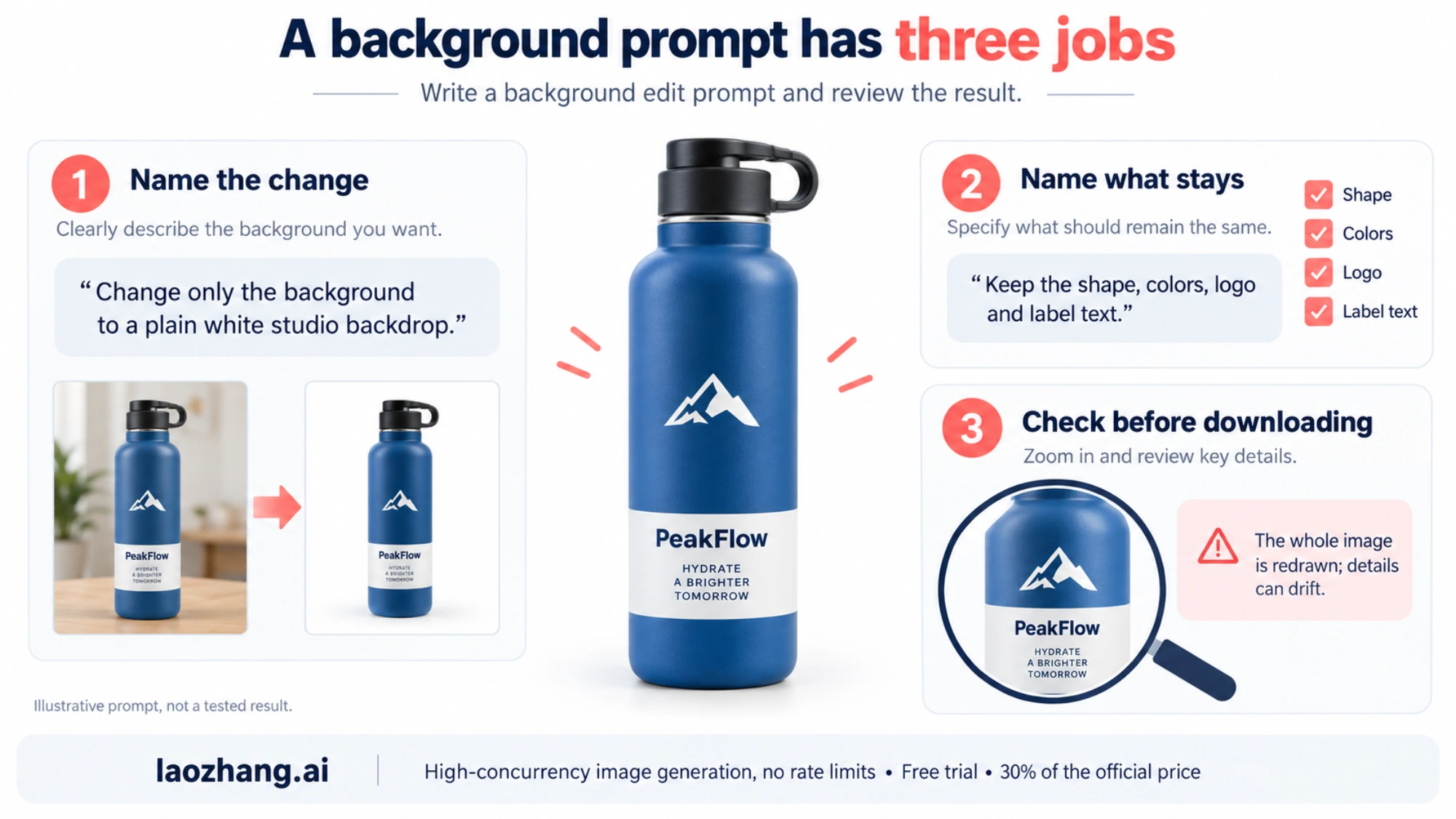 Background prompt steps: name the change, preserve key details, and check the result