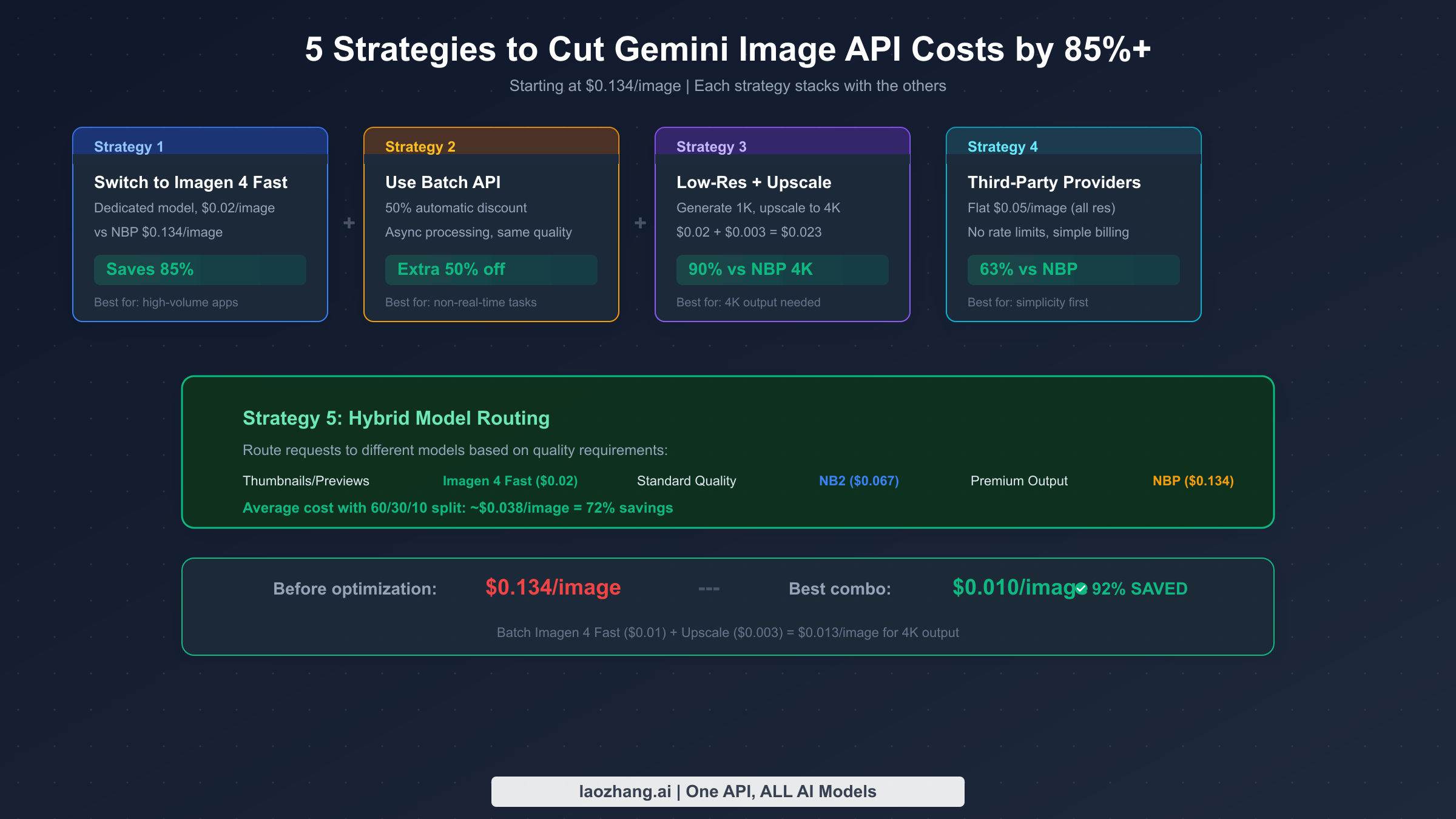 Five cost-saving strategies for Gemini image API showing how to achieve 85%+ savings