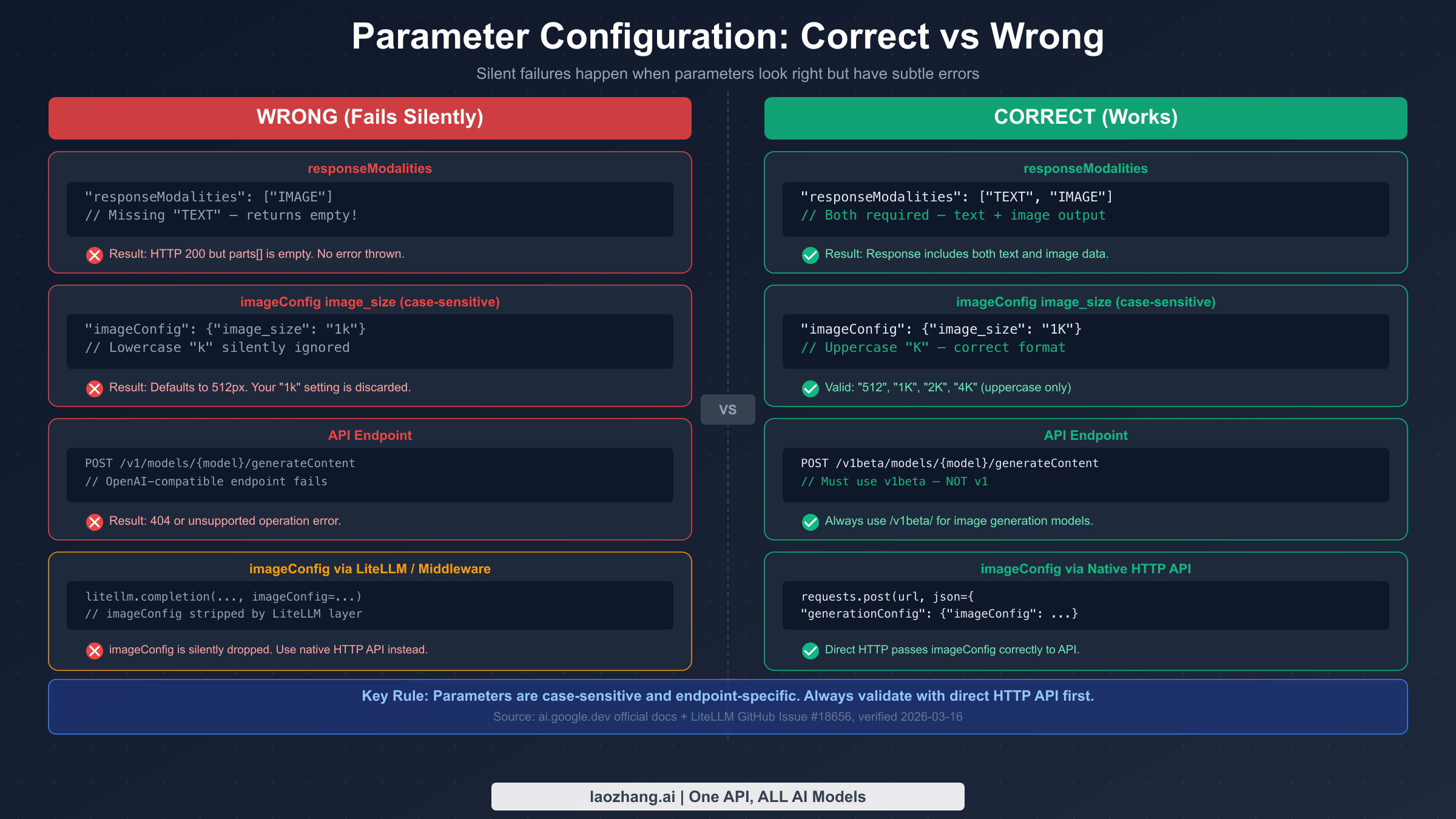 Parameter configuration comparison showing correct vs wrong values for responseModalities, image_size case sensitivity, API endpoint, and imageConfig middleware