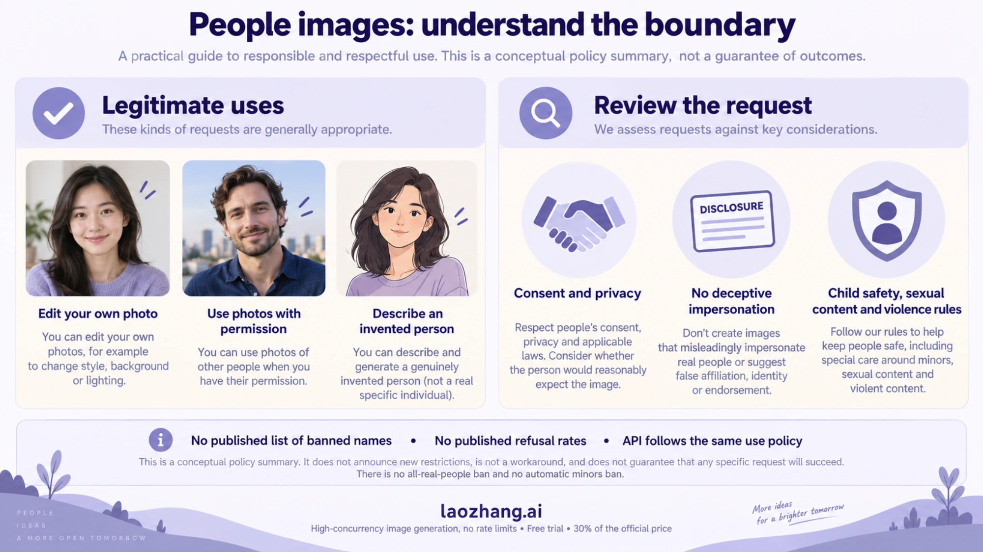 Conceptual summary of legitimate people-image uses and consent, privacy and safety boundaries