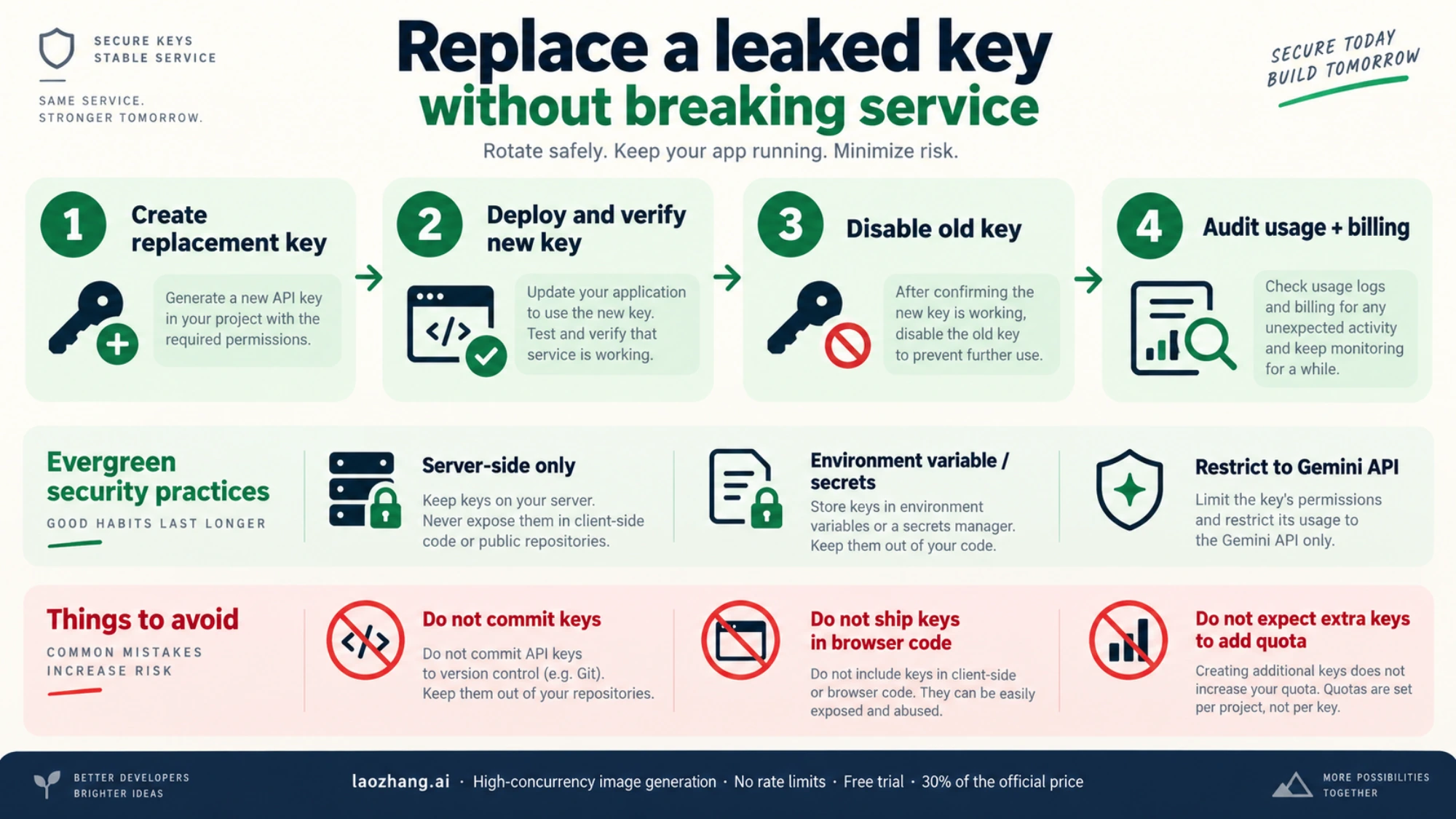 API key replacement order: create, deploy and verify, disable the old key, then audit usage and billing