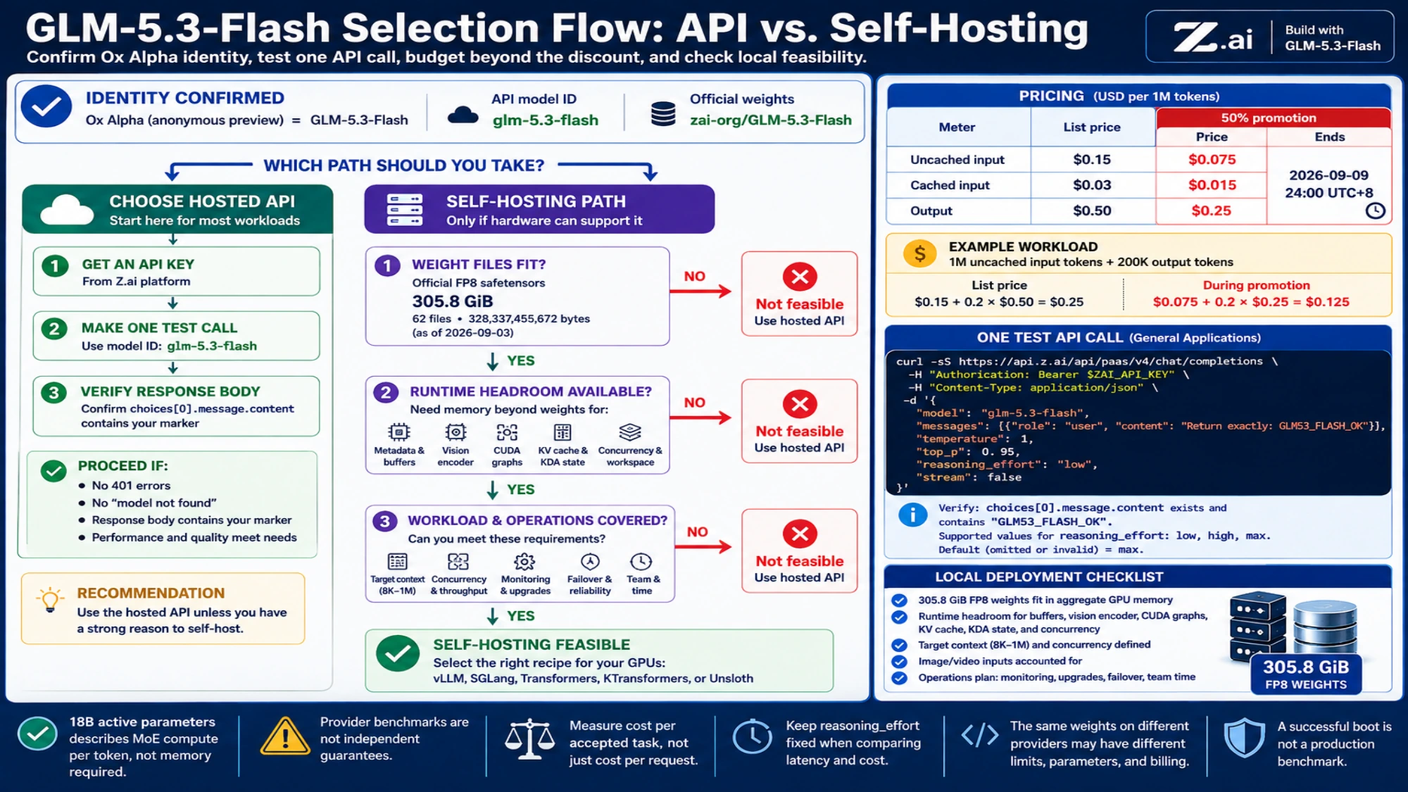 Flowchart comparing hosted API validation with self-hosting capacity, runtime headroom, and operating requirements