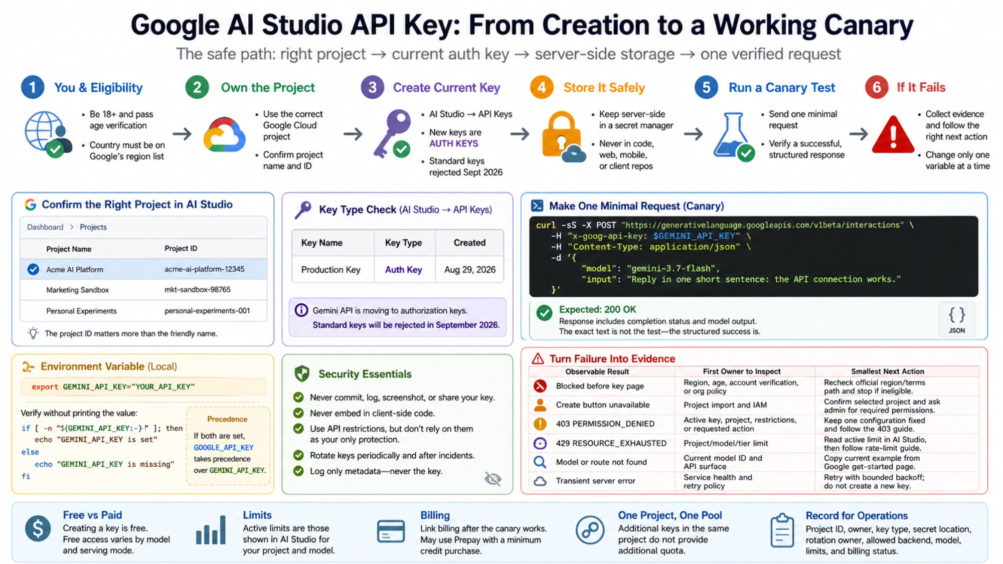 Operational map of eligibility, Cloud project selection, current auth-key creation, server-side storage, a canary request, and diagnostic branches