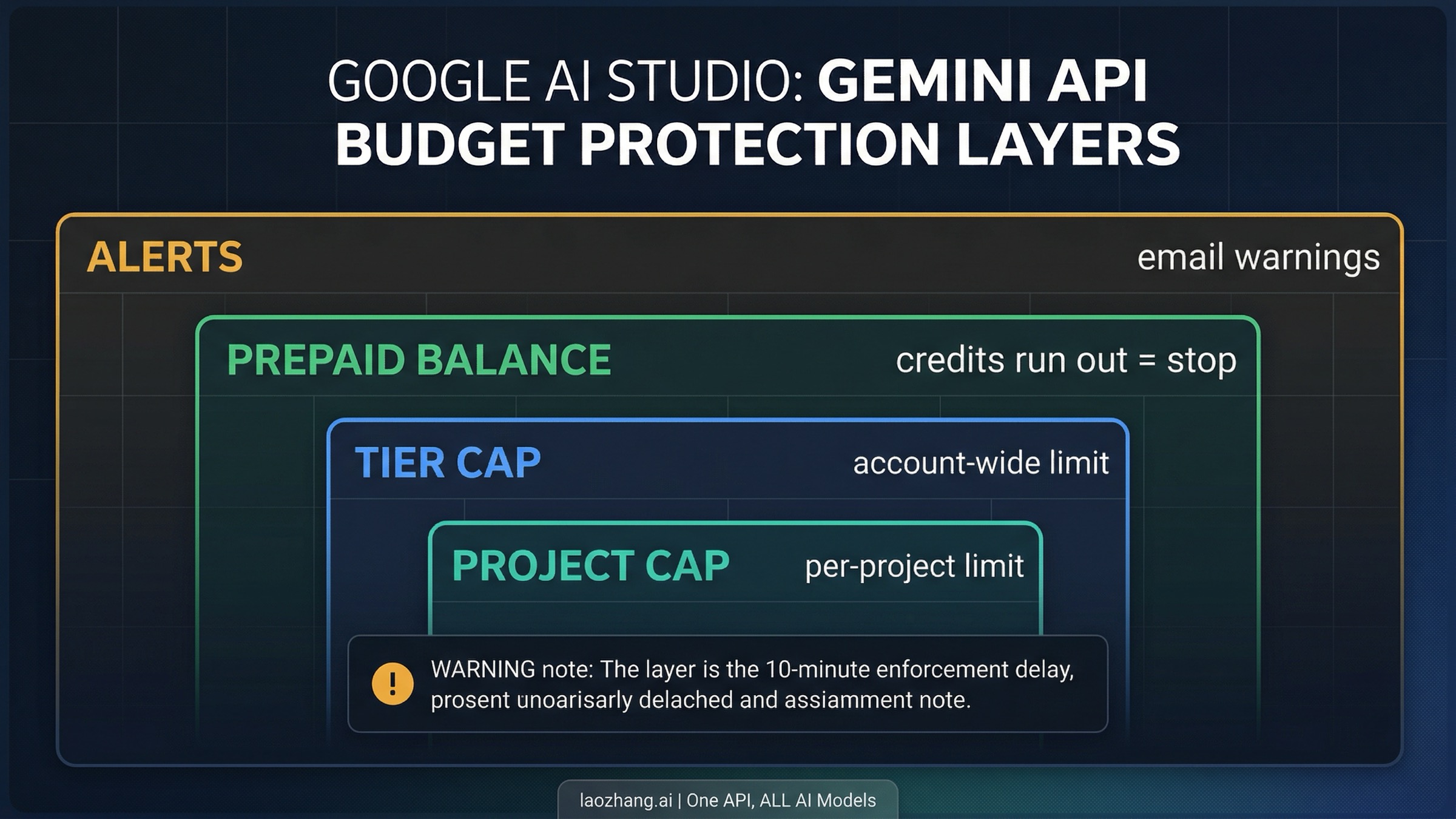 Four layers of budget protection in Google AI Studio including project caps, tier caps, prepaid balance, and alerts