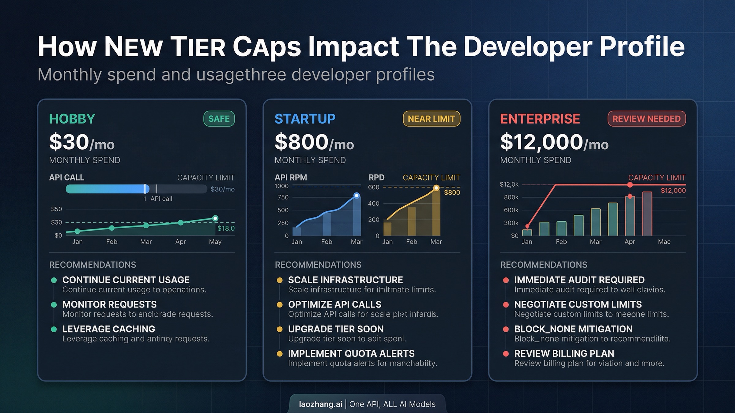 Cost impact analysis showing how Gemini API billing tier caps affect hobby developers, startups, and enterprise users