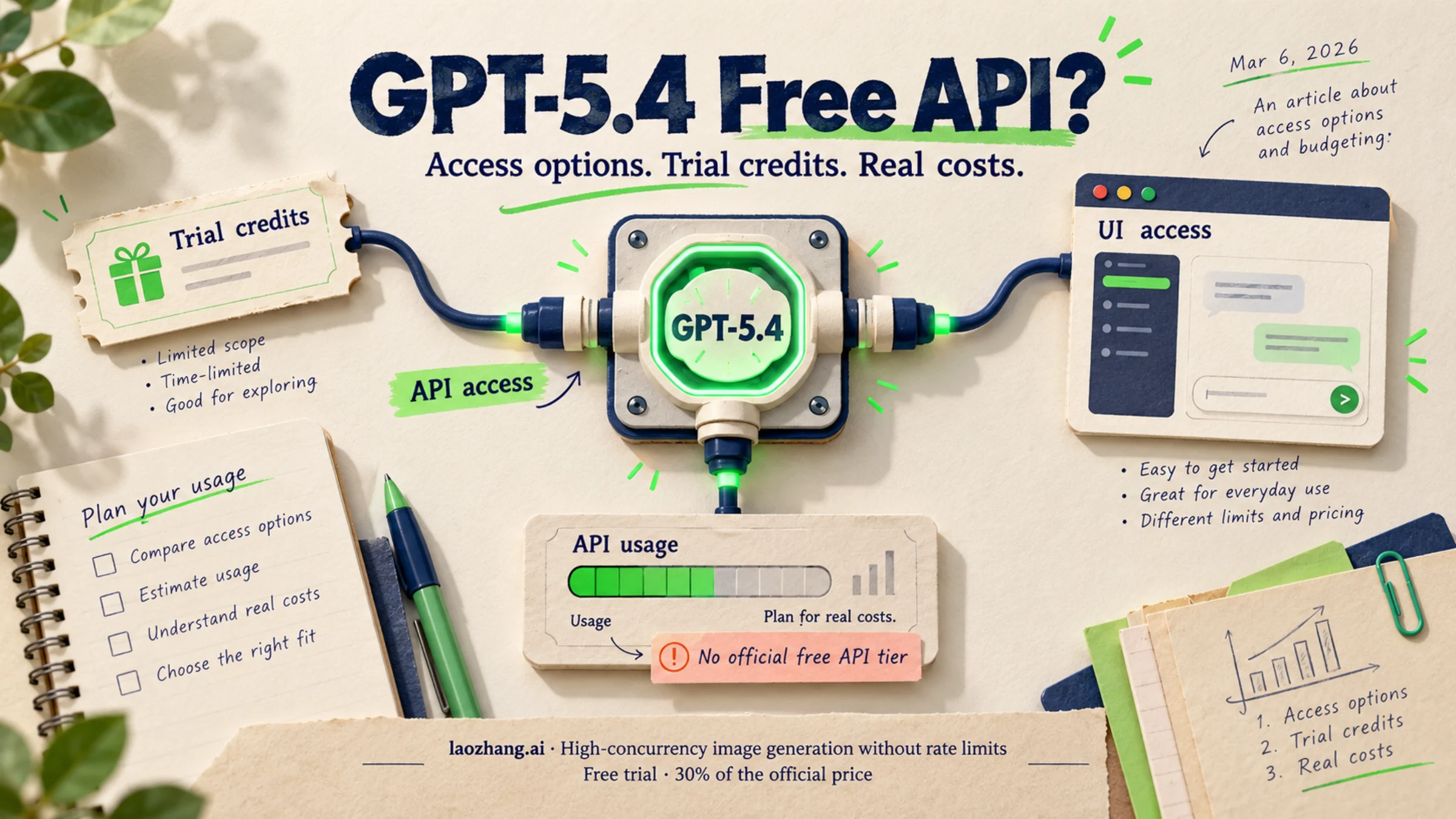 GPT-5.4 Free API guide showing 5 access methods and pricing in 2026