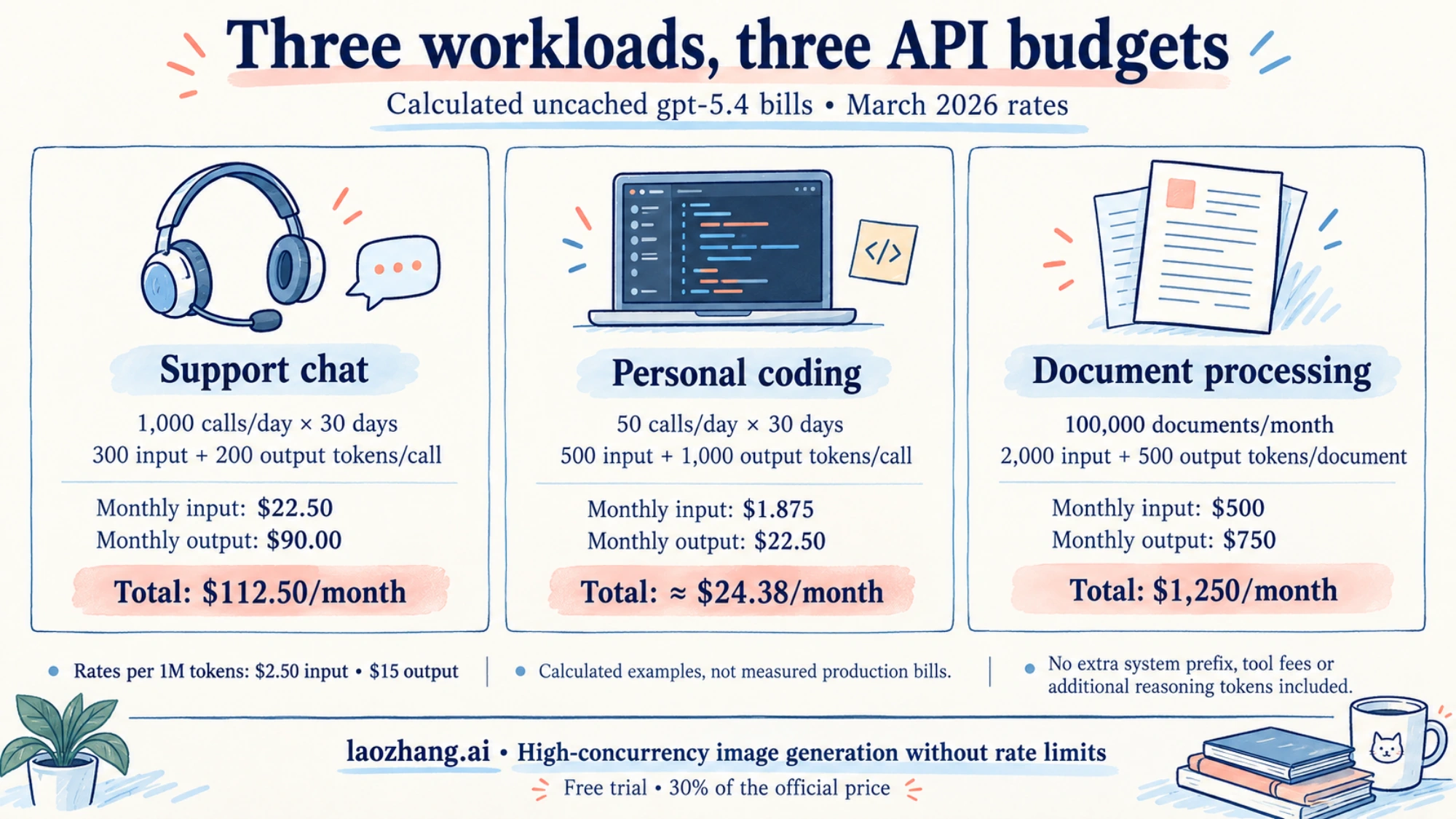 Calculated GPT-5.4 input and output bills for support chat, personal coding, and document processing workloads.